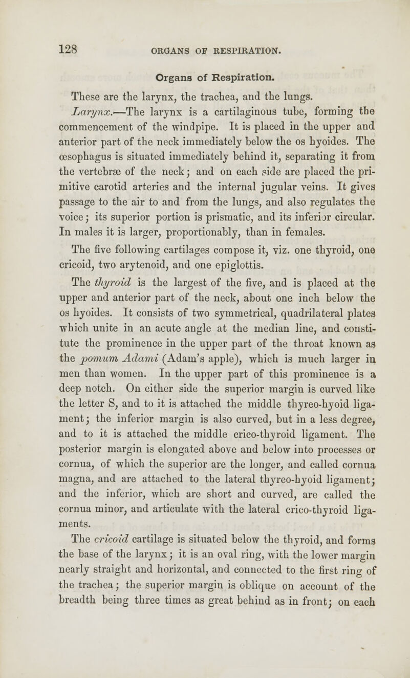 Organs of Respiration. These are the larynx, the trachea, and the lungs. Larynx.'—The larynx is a cartilaginous tube, forming the commencement of the windpipe. It is placed in the upper and anterior part of the neck immediately below the os hyoides. The oesophagus is situated immediately behind it, separating it from the vertebrae of the neck; and on each pide are placed the pri- mitive carotid arteries and the internal jugular veins. It gives passage to the air to and from the lungs, and also regulates the voice; its superior portion is prismatic, and its inferior circular. In males it is larger, proportionably, than in females. The five following cartilages compose it, viz. one thyroid, one cricoid, two arytenoid, and one epiglottis. The thyroid is the largest of the five, and is placed at the upper and anterior part of the neck, about one inch below the os hyoides. It consists of two symmetrical, quadrilateral plates which unite in an acute angle at the median line, and consti- tute the prominence in the upper part of the throat known as the pomum Adami (Adam's apple), which is much larger in men than women. In the upper part of this prominence is a deep notch. On either side the superior margin is curved like the letter S, and to it is attached the middle thyreo-hyoid liga- ment ; the inferior margin is also curved, but in a less degree, and to it is attached the middle crico-thyroid ligament. The posterior margin is elongated above and below into processes or cornua, of which the superior are the longer, and called cornua magna, and are attached to the lateral thyreo-hyoid ligament; and the inferior, which are short and curved, are called the cornua minor, and articulate with the lateral crico-thyroid liga- ments. The cricoid cartilage is situated below the thyroid, and forms the base of the larynx; it is an oval ring, with the lower margin nearly straight and horizontal, and connected to the first ring of the trachea; the superior margin is oblique on account of the breadth being three times as great behind as in front; on each
