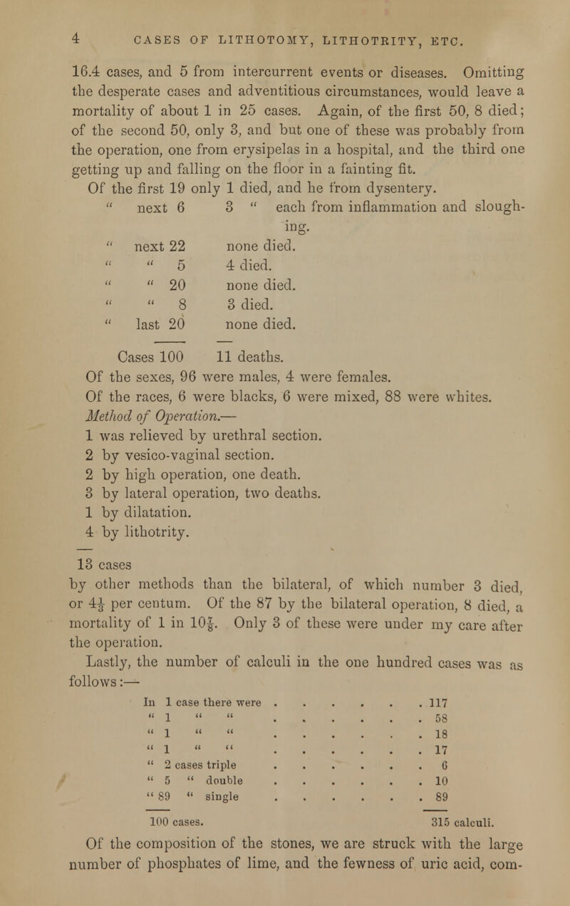 16.4 cases, and 5 from intercurrent events or diseases. Omitting the desperate cases and adventitious circumstances, would leave a mortality of about 1 in 25 cases. Again, of the first 50, 8 died; of the second 50, only 3, and but one of these was probably from the operation, one from erysipelas in a hospital, and the third one getting up and falling on the floor in a fainting fit. Of the first 19 only 1 died, and he from dysentery.  next 6 3  each from inflammation and slough- ing.  next 22 none died.  5 4 died.  20 none died.   8 3 died.  last 20 none died. Cases 100 11 deaths. Of the sexes, 96 were males, 4 were females. Of the races, 6 were blacks, 6 were mixed, 88 were whites. Method of Operation.— 1 was relieved by urethral section. 2 by vesico-vaginal section. 2 by high operation, one death. 3 by lateral operation, two deaths. 1 by dilatation. 4 by lithotrity. 13 cases by other methods than the bilateral, of which number 3 died, or 4£ per centum. Of the 87 by the bilateral operation, 8 died, a mortality of 1 in 10|-. Only 3 of these were under my care after the operation. Lastly, the number of calculi in the one hundred cases was as follows:— In 1 case there were .117  1   58  1   18 (t j   ]7  2 cases triple 6  5  double 10  89  single 89 100 cases. 315 calculi. Of the composition of the stones, we are struck with the large number of phosphates of lime, and the fewness of uric acid, com-