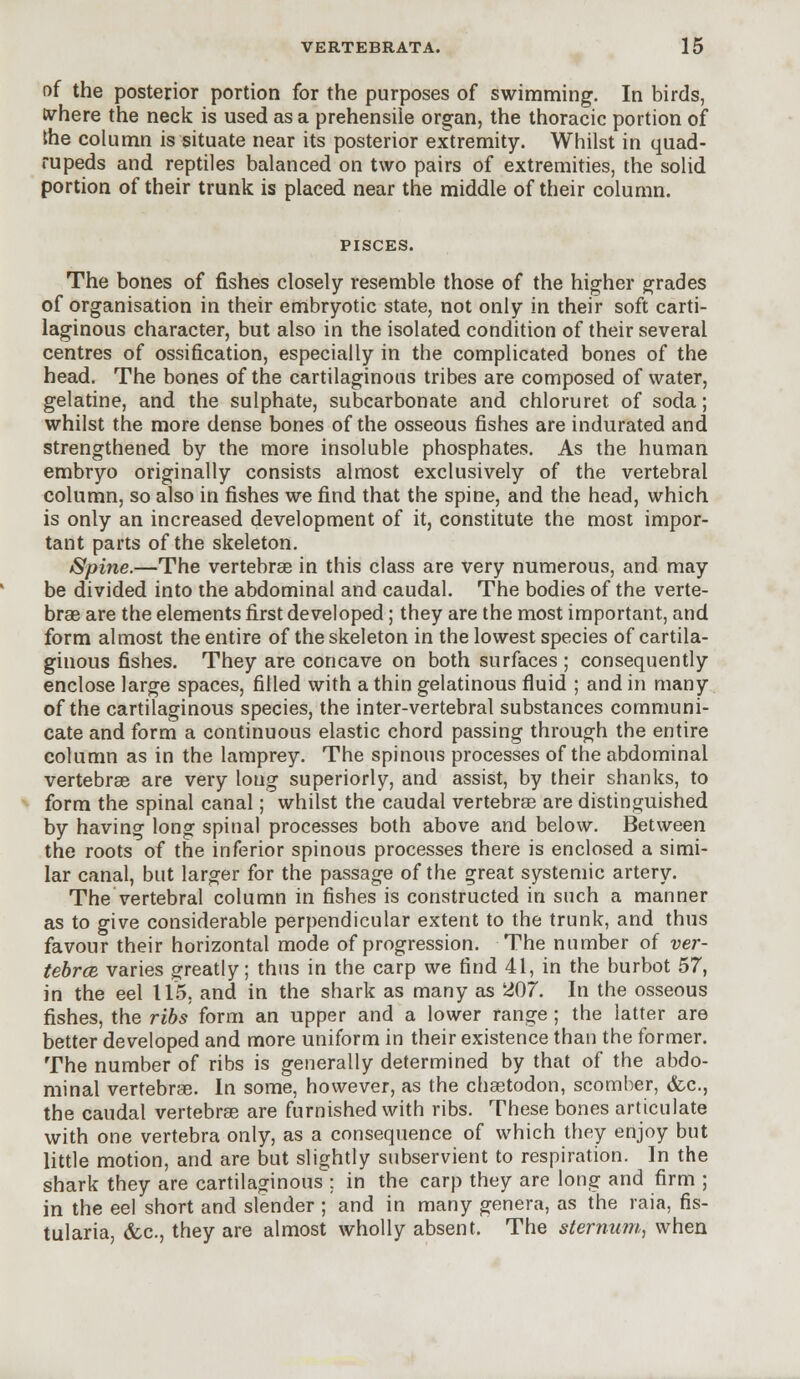 of the posterior portion for the purposes of swimming. In birds, cvhere the neck is used as a prehensile organ, the thoracic portion of the column is situate near its posterior extremity. Whilst in quad- rupeds and reptiles balanced on two pairs of extremities, the solid portion of their trunk is placed near the middle of their column. PISCES. The bones of fishes closely resemble those of the higher grades of organisation in their embryotic state, not only in their soft carti- laginous character, but also in the isolated condition of their several centres of ossification, especially in the complicated bones of the head. The bones of the cartilaginous tribes are composed of water, gelatine, and the sulphate, subcarbonate and chloruret of soda; whilst the more dense bones of the osseous fishes are indurated and strengthened by the more insoluble phosphates. As the human embryo originally consists almost exclusively of the vertebral column, so also in fishes we find that the spine, and the head, which is only an increased development of it, constitute the most impor- tant parts of the skeleton. /Spine.—The vertebras in this class are very numerous, and may be divided into the abdominal and caudal. The bodies of the verte- bras are the elements first developed; they are the most important, and form almost the entire of the skeleton in the lowest species of cartila- ginous fishes. They are concave on both surfaces ; consequently enclose large spaces, filled with a thin gelatinous fluid ; and in many of the cartilaginous species, the inter-vertebral substances communi- cate and form a continuous elastic chord passing through the entire column as in the lamprey. The spinous processes of the abdominal vertebras are very long superiorly, and assist, by their shanks, to form the spinal canal; whilst the caudal vertebras are distinguished by having long spinal processes both above and below. Between the roots of the inferior spinous processes there is enclosed a simi- lar canal, but larger for the passage of the great systemic artery. The vertebral column in fishes is constructed in such a manner as to give considerable perpendicular extent to the trunk, and thus favour their horizontal mode of progression. The number of ver- tebrae, varies greatly; thus in the carp we find 41, in the burbot 57, in the eel 115, and in the shark as many as 207. In the osseous fishes, the ribs form an upper and a lower range; the latter are better developed and more uniform in their existence than the former. The number of ribs is generally determined by that of the abdo- minal vertebras. In some, however, as the chastodon, scomber, &c, the caudal vertebras are furnished with ribs. These bones articulate with one vertebra only, as a consequence of which they enjoy but little motion, and are but slightly subservient to respiration. In the shark they are cartilaginous ; in the carp they are long and firm ; in the eel short and slender ; and in many genera, as the raia, fis- tularia, &c, they are almost wholly absent. The sternum, when