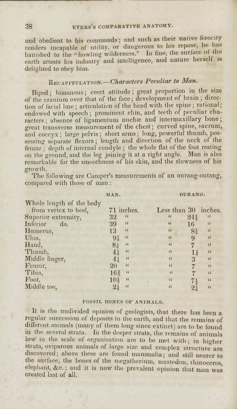 and obedient to his commands; and such as their native ferocity lenders incapable of utility, or dangerous to his repose, he has banished to the howling wilderness. In fine, the surface of the earth attests his industry and intelligence, and nature hersell is delighted to obey him. Recapitulation.—Characters Peculiar to Man. Biped; bimanous; erect attitude; great proportion in the size of the cranium over that of the face; development of brain ; direc- tion of facial line; articulation of the head with the spine; rational; endowed with speech ; prominent chin, and teeth of peculiar cha- racters; absence of ligamentum nuchas and intermaxillary bone; great transverse measurement of the chest; curved spine, sacrum, and coccyx; large pelvis; short arms; long, powerful thumb, pos- sessing separate flexors ; length and direction of the neck of the femur ; depth of internal condyle ; the whole flat of the foot resting on the ground, and the leg joining it at a right angle. Man is also remarkable for the smoothness of his skin, and the slowness of his growth. The following are Camper's measurements of an ourang-outang, compared with those of man : Whole length of the body from vertex to heel, Superior extremity, Inferior do. Humerus. Ulna, Hand, Thumb, Middle finger, Femur, Tibia, Foot, Middle toe, IAN. OURANG. 71 inches. Less th an 30 inches 32  a 24i u 39  n 16 a 13  a Si u 9i  (i 9 t( 8*  (( 7 a 4i  a U <( 4|  a 3 a 20  a 7 u 16!  u 7 k 10| « « n u 2i  u 2k K FOSSIL BONES OF ANIMALS. It is the undivided opinion of geologists, that there has been a regular succession of deposits in the earth, and that the remains of different animals (many of them long since extinct) are to be found in the several strata. In the deeper strata, the remains of animals low in the scale of organisation are to be met with ; in higher strata, oviparous animals of large size and complex structure'are discovered; above these are found mammalia; and still nearer to the surface, the bones of the megatherium, mastodon, rhinoceros elephant, &c.; and it is now the~ prevalent opinion that man was created last of all.