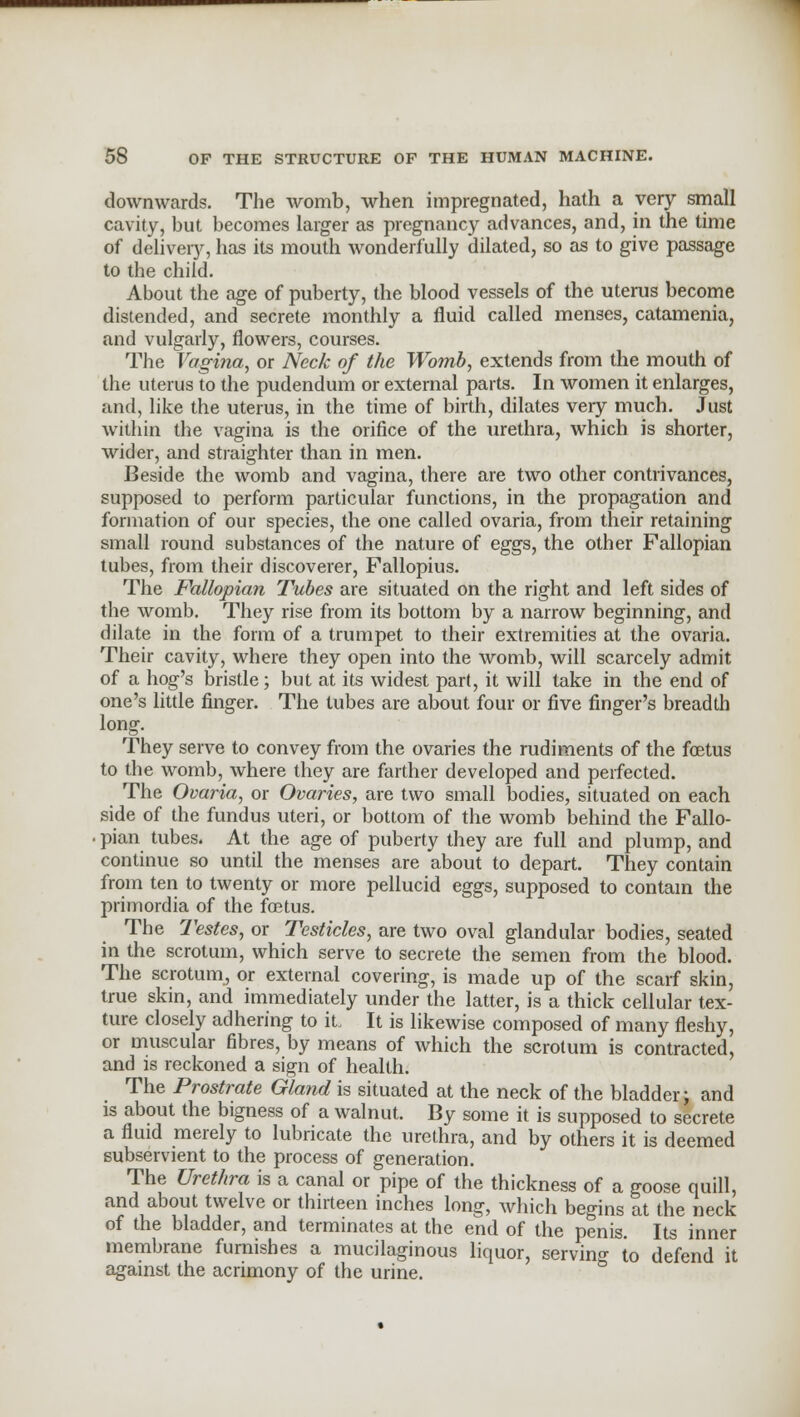 downwards. The womb, when impregnated, hath a very small cavity, but becomes larger as pregnancy advances, and, in the time of delivery, has its mouth wonderfully dilated, so as to give passage to the child. About the age of puberty, the blood vessels of the uterus become distended, and secrete monthly a fluid called menses, catamenia, and vulgarly, flowers, courses. The Vagina, or Neck of the Womb, extends from the mouth of the uterus to the pudendum or external parts. In women it enlarges, and, like the uterus, in the time of birth, dilates very much. Just within the vagina is the orifice of the urethra, which is shorter, wider, and straighter than in men. Beside the womb and vagina, there are two other contrivances, supposed to perform particular functions, in the propagation and formation of our species, the one called ovaria, from their retaining small round substances of the nature of eggs, the other Fallopian tubes, from their discoverer, Fatlopius. The Fallopian Tubes are situated on the right and left sides of the womb. They rise from its bottom by a narrow beginning, and dilate in the form of a trumpet to their extremities at the ovaria. Their cavity, where they open into the womb, will scarcely admit of a hog's bristle; but at its widest part, it will take in the end of one's little finger. The tubes are about four or five finger's breadth long. They serve to convey from the ovaries the rudiments of the foetus to the womb, where they are farther developed and perfected. The Ovaria, or Ovaries, are two small bodies, situated on each side of the fundus uteri, or bottom of the womb behind the Fallo- pian tubes. At the age of puberty they are full and plump, and continue so until the menses are about to depart. They contain from ten to twenty or more pellucid eggs, supposed to contain the primordia of the foetus. The Testes, or Testicles, are two oval glandular bodies, seated in the scrotum, which serve to secrete the semen from the blood. The scrotum, or external covering, is made up of the scarf skin, true skin, and immediately under the latter, is a thick cellular tex- ture closely adhering to it. It is likewise composed of many fleshy, or muscular fibres, by means of which the scrotum is contracted, and is reckoned a sign of health. The Prostrate Gland is situated at the neck of the bladder; and is about the bigness of a walnut. By some it is supposed to secrete a fluid merely to lubricate the urethra, and by others it is deemed subservient to the process of generation. The Urethra is a canal or pipe of the thickness of a goose quill, and about twelve or thirteen inches long, which begins at the neck of the bladder, and terminates at the end of the penis. Its inner membrane furnishes a mucilaginous liquor, serving to defend it against the acrimony of the urine.