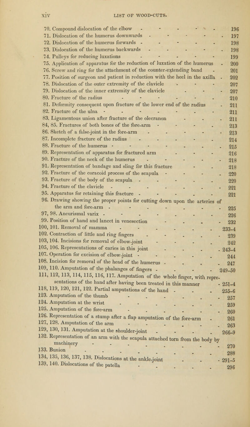 70. Compound dislocation of the elbow ----- 196 71. Dislocation of the humerus downwards - 197 72. Dislocation of the humerus forwards ----- 198 73. Dislocation of the humerus backwards - 198 74. Pulleys for reducing- luxations ----- 199 75. Application of apparatus for the reduction of luxation of the humerus - 200 76. Screw and ring- for the attachment of the counter-extending- band - 201 77. Position of surgeon and patient in reduction with the heel in the axilla . 202 78. Dislocation of the outer extremity of the clavicle ... 207 79. Dislocation of the inner extremity of the clavicle ... 207 80. Fracture of the radius - - - - - . 210 81. Deformity consequent upon fracture of the lower end of the radius - 211 82. Fracture of the ulna - - - - - - - 211 83. Ligamentous union after fracture of the olecranon - - - 211 84. 85. Fractures of both bones of the fore-arm - 213 86. Sketch of a false-joint in the fore-arm ----- 213 87. Incomplete fracture of the radius - - - - . 214 88. Fracture of the humerus -----.. 215 89. Representation of apparatus for fractured arm - - - 216 90. Fracture of the neck of the humerus ----- 218 91. Representation of bandage and sling for this fracture - . 218 92. Fracture of the coracoid process of the scapula - 220 93. Fracture of the body of the scapula - 220 94. Fracture of the clavicle ....... 221 95. Apparatus for retaining this fracture ----- 221 96. Drawing- showing the proper points for cutting down upon the arteries of the arm and fore-arm - - . 97. 98. Aneurismal varix - - . . 99. Position of hand and lancet in venesection 100, 101. Removal of mamma 102. Contraction of little and ring fingers 103,104. Incisions for removal of elbow-joint 105, 106. Representations of caries in this joint 107. Operation for excision of elbow-joint - 108. Incision for removal of the head of the humerus 109. 110. Amputation of the phalanges of fingers 111, 112, 113, 114, 115, 116, 117. Amputation of the whole finger, with repre. sentations of the hand after having been treated in this manner 118, 119, 120, 121, 122. Partial amputations of the hand - 123. Amputation of the thumb - 124. Amputation at the wrist 125. Amputation of the fore-arm 126. Representation of a stump after a flap amputation of the fore-arm - 127. 128. Amputation of the arm 129, 130, 131. Amputation at the shoulder-joint 132. Representation of an arm with the scapula attached torn from the body by machinery - 133. Bunion 134. 135, 136, 137, 138. Dislocations at the ankle-joint . - 139, 140. Dislocations of the patella ■ 225 226 ■ 232 233-4 • 239 242 . 243-4 244 247 249-50 251-4 255-6 257 259 260 261 263 266-9 270 288 291-5 296