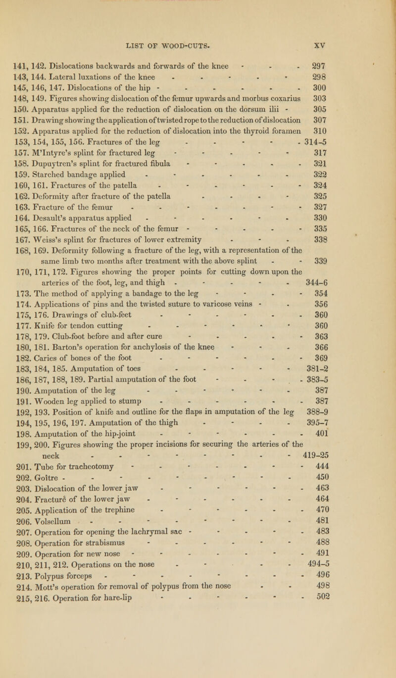 141, 142. Dislocations backwards and forwards of the knee - - - 297 143, 144. Lateral luxations of the knee - 298 145, 146, 147. Dislocations of the hip - - . - - - 300 148, 149. Figures showing dislocation of the femur upwards and morbus coxarius 303 150. Apparatus applied for the reduction of dislocation on the dorsum ilii - 305 151. Drawing showing the application of twisted rope to the reduction of dislocation 307 152. Apparatus applied for the reduction of dislocation into the thyroid foramen 310 153. 154, 155, 156. Fractures of the leg 314-5 157. M'Intyre's splint for fractured leg ..... 317 158. Dupuytren's splint for fractured fibula - 321 159. Starched bandage applied ...... 322 160. 161. Fractures of the patella .-.--- 324 162. Deformity after fracture of the patella .... 325 163. Fracture of the femur ..-..-- 327 164. Desault's apparatus applied .-..-. 330 165. 166. Fractures of the neck of the femur ----- 335 167. Weiss's splint for fractures of lower extremity - - - 338 168, 169. Deformity following a fracture of the leg, with a representation of the same limb two months after treatment with the above splint - - 339 170, 171, 172. Figures showing the proper points for cutting down upon the arteries of the foot, leg, and thigh - 344-6 173. The method of applying a bandage to the leg - 354 174. Applications of pins and the twisted suture to varicose veins - . 356 175. 176. Drawings of club-feet ------ 360 177. Knife for tendon cutting ..---• 360 178, 179. Club-foot before and after cure - - - - - 363 180, 181. Barton's operation for anchylosis of the knee - 366 182. Caries of bones of the foot - - - - - - 369 183, 184, 185. Amputation of toes . . - - - 381-2 186, 187, 188, 189. Partial amputation of the foot - - - 383-5 190. Amputation of the leg ------ 387 191. Wooden leg applied to stump ...... 387 192. 193. Position of knife and outline for the flaps in amputation of the leg 388-9 194, 195, 196, 197. Amputation of the thigh - 395-7 198. Amputation of the hip-joint .---.. 401 199, 200. Figures showing the proper incisions for securing the arteries of the neck -------- 419-25 201. Tube for tracheotomy ------- 444 202. Goitre --------- 450 203. Dislocation of the lower jaw ------ 463 204. Fracture of the lower jaw ------ 464 205. Application of the trephine - - - - - - 470 206. Volsellum -------- 481 207. Operation for opening the lachrymal sac - - - - - 483 208. Operation for strabismus ------ 488 209. Operation for new nose ------- 491 210. 211,212. Operations on the nose - - - - 494-5 213. Polypus forceps - - - - - - - - 496 214. Mott's operation for removal of polypus from the nose • - 498 215,216. Operation for hare-lip - - - - - - 502