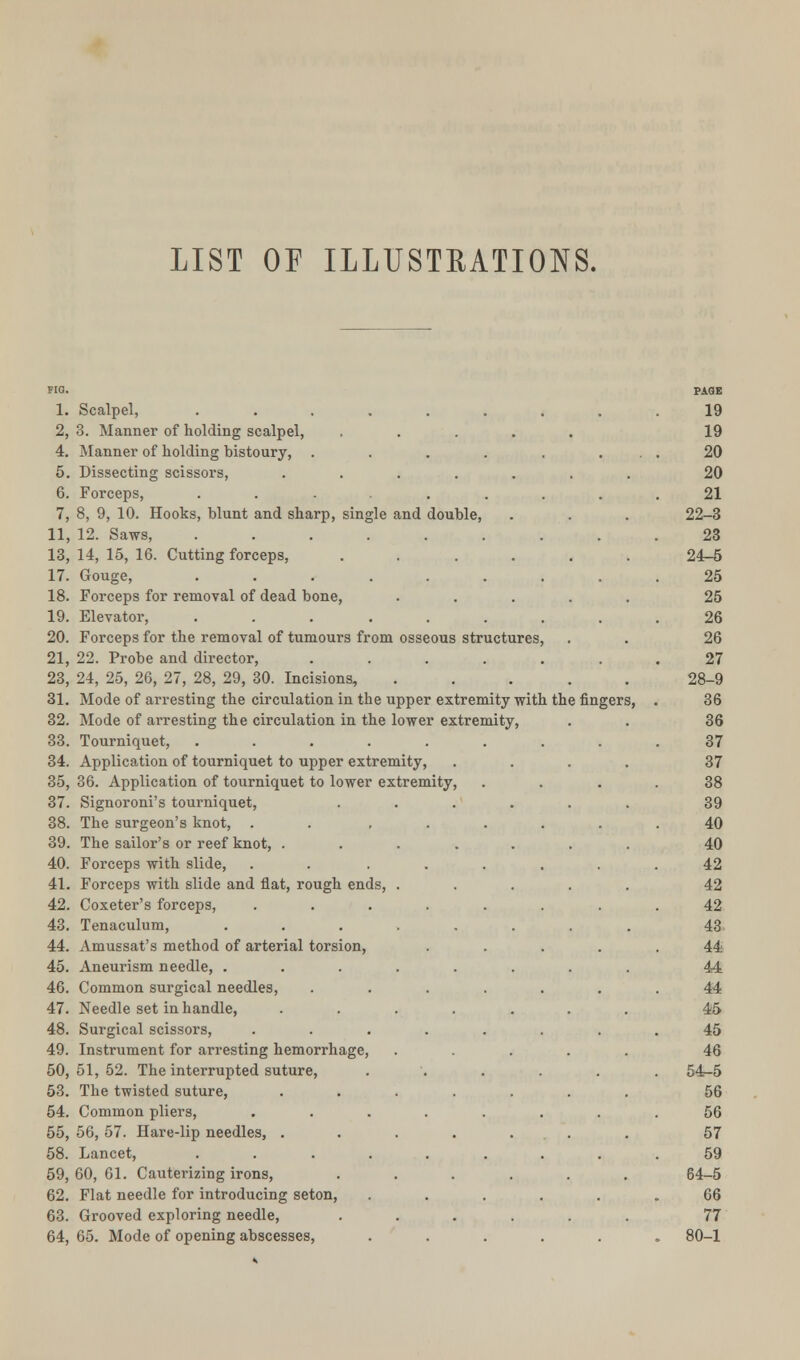 LIST OF ILLUSTRATIONS. fio. 1. Scalpel, ...... 2, 3. Manner of holding scalpel, .... 4. Manner of holding bistoury, .... 5. Dissecting scissors, ..... 6. Forceps, ...... 7. 8, 9, 10. Hooks, blunt and sharp, single and double, 11, 12. Saws, . . . . 13, 14, 15, 16. Cutting forceps, .... 17. Gouge, ...... 18. Forceps for removal of dead bone, 19. Elevator, ...... 20. Forceps for the removal of tumours from osseous structures 21. 22. Probe and director, .... 23, 24, 25, 26, 27, 28, 29, 30. Incisions, 31. Mode of arresting the circulation in the upper extremity with the fingers, 32. Mode of arresting the circulation in the lower extremity, 33. Tourniquet, ..... 34. Application of tourniquet to upper extremity, 35. 36. Application of tourniquet to lower extremity 37. Signoroni's tourniquet, 38. The surgeon's knot, 39. The sailor's or reef knot, . 40. Forceps with slide, 41. Forceps with slide and flat, rough ends, 42. Coxeter's forceps, 43. Tenaculum, 44. Amussat's method of arterial torsion, 45. Aneurism needle, . 46. Common surgical needles, 47. Needle set in handle, 48. Surgical scissors, 49. Instrument for arresting hemorrhage, 50,51,52. The interrupted suture, 53. The twisted suture, 54. Common pliers, 55. 56, 57. Hare-lip needles, . 58. Lancet, .... 59, 60, 61. Cauterizing irons, 62. Flat needle for introducing seton, 63. Grooved exploring needle, 64. 65. Mode of opening abscesses, PAGE 19 19 20 20 21 22-3 23 24-5 25 25 26 26 27 28-9 36 36 37 37 38 39 40 40 42 42 42 43 44 44 44 45 45 46 54-5 56 56 57 59 64-5 66 77 80-1