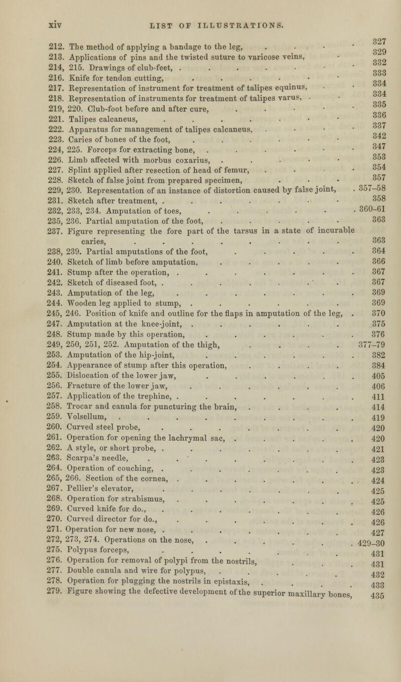 212. The method of applying a bandage to the leg, 213. Applications of pins and the twisted suture to varicose veins, 214. 215. Drawings of club-feet, . 216. Knife for tendon cutting, .... 217. Representation of instrument for treatment of talipes equinus 218. Representation of instruments for treatment of talipes varus, 219. 220. Club-foot before and after cure, 221. Talipes calcaneus, .... 222. Apparatus for management of talipes calcaneus, 223. Caries of bones of the foot, 224. 225. Forceps for extracting bone, 226. Limb affected with morbus coxarius, 227. Splint applied after resection of head of femur, 228. Sketch of false joint from prepared specimen, 229. 230. Representation of an instance of distortion caused by false joint 231. Sketch after treatment, . 232, 233, 234. Amputation of toes, 235, 236. Partial amputation of the foot, 237. Figure representing the fore part of the tarsus in a state of incurable caries, 238, 239. Partial amputations of the foot, 240. Sketch of limb before amputation, 241. Stump after the operation, . 242. Sketch of diseased foot, . 243. Amputation of the leg, 244. Wooden leg applied to stump, . 245. 246. Position of knife and outline for the flaps in amputation of the leg, 247. Amputation at the knee-joint, . 248. Stump made by this operation, 249. 250, 251, 252. Amputation of the thigh, 253. Amputation of the hip-joint, 254. Appearance of stump after this operation, 255. Dislocation of the lower jaw, 256. Fracture of the lower jaw, 257. Application of the trephine, . 258. Trocar and canula for puncturing the brain 259. Volsellum, .... 260. Curved steel probe, 261. Operation for opening the lachrymal sac, 262. A style, or short probe, . 263. Scarpa's needle, . . ' 264. Operation of couching, . 265. 266. Section of the cornea, . 267. Pellier's elevator, 268. Operation for strabismus, 269. Curved knife for do., 270. Curved director for do., 271. Operation for new nose, . 272. 273, 274. Operations on the nose, 275. Polypus forceps, 276. Operation for removal of polypi from the nostrils, 277. Double canula and wire for polypus, 278. Operation for plugging the nostrils in epistaxis, 279. Figure showing the defective development of the superior maxillary bones 327 329 332 333 334 334 335 336 337 342 347 353 354 357 357-58 358 360-61 363 363 364 366 367 367 369 369 370 375 376 377-79 382 384 405 406 411 414 419 420 420 421 423 423 424 425 425 426 426 427 429-30 431 431 432 433 435