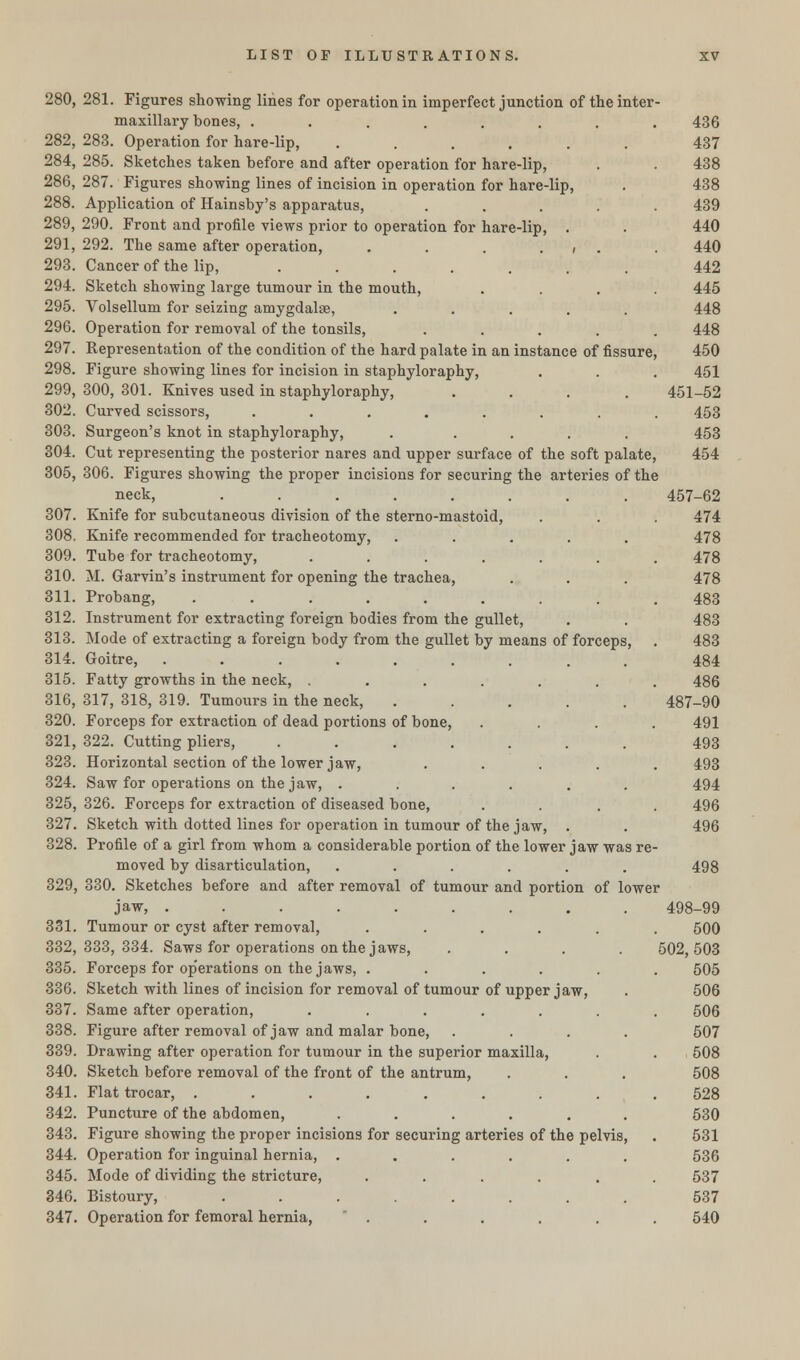 280, 281. Figures showing lines for operation in imperfect junction of the inter- maxillary bones, ........ 436 282, 283. Operation for hare-lip, ...... 437 284, 285. Sketches taken before and after operation for hare-lip, . . 438 286, 287. Figures showing lines of incision in operation for hare-lip, . 438 288. Application of Hainsby's apparatus, ..... 439 289, 290. Front and profile views prior to operation for hare-lip, . . 440 291, 292. The same after operation, . . . , . . 440 293. Cancer of the lip, ....... 442 294. Sketch showing large tumour in the mouth, .... 445 295. Volsellum for seizing amygdalae, ..... 448 296. Operation for removal of the tonsils, ..... 448 297. Eepresentation of the condition of the hard palate in an instance of fissure, 450 298. Figure showing lines for incision in staphyloraphy, . . . 451 299. 300, 301. Knives used in staphyloraphy, .... 451-52 302. Curved scissors, ........ 453 303. Surgeon's knot in staphyloraphy, ..... 453 304. Cut representing the posterior nares and upper surface of the soft palate, 454 305. 306. Figures showing the proper incisions for securing the arteries of the neck, ........ 457-62 307. Knife for subcutaneous division of the sterno-mastoid, . . . 474 308. Knife recommended for tracheotomy, ..... 478 309. Tube for tracheotomy, ....... 478 310. M. Garvin's instrument for opening the trachea, . . . 478 311. Probang, ......... 483 312. Instrument for extracting foreign bodies from the gullet, . . 483 313. Mode of extracting a foreign body from the gullet by means of forceps, . 483 314. Goitre, ......... 484 315. Fatty growths in the neck, ....... 486 316. 317, 318, 319. Tumours in the neck, ..... 487-90 320. Forceps for extraction of dead portions of bone, .... 491 321, 322. Cutting pliers, ....... 493 323. Horizontal section of the lower jaw, ..... 493 324. Saw for operations on the jaw, ...... 494 325. 326. Forceps for extraction of diseased bone, .... 496 327. Sketch with dotted lines for operation in tumour of the jaw, . . 496 328. Profile of a girl from whom a considerable portion of the lower jaw was re- moved by disarticulation, ...... 498 329. 330. Sketches before and after removal of tumour and portion of lower jaw, ......... 498-99 331. Tumour or cyst after removal, ...... 500 332,333,334. Saws for operations on the jaws, .... 502,503 335. Forceps for operations on the jaws, ...... 505 336. Sketch with lines of incision for removal of tumour of upper jaw, . 506 337. Same after operation, ....... 506 338. Figure after removal of jaw and malar bone, .... 507 339. Drawing after operation for tumour in the superior maxilla, . . 508 340. Sketch before removal of the front of the antrum, . . . 508 341. Flat trocar, ......... 528 342. Puncture of the abdomen, ...... 530 343. Figure showing the proper incisions for securing arteries of the pelvis, . 531 344. Operation for inguinal hernia, ...... 536 345. Mode of dividing the stricture, ...... 537 346. Bistoury, ........ 537 347. Operation for femoral hernia, . . . . . . 540
