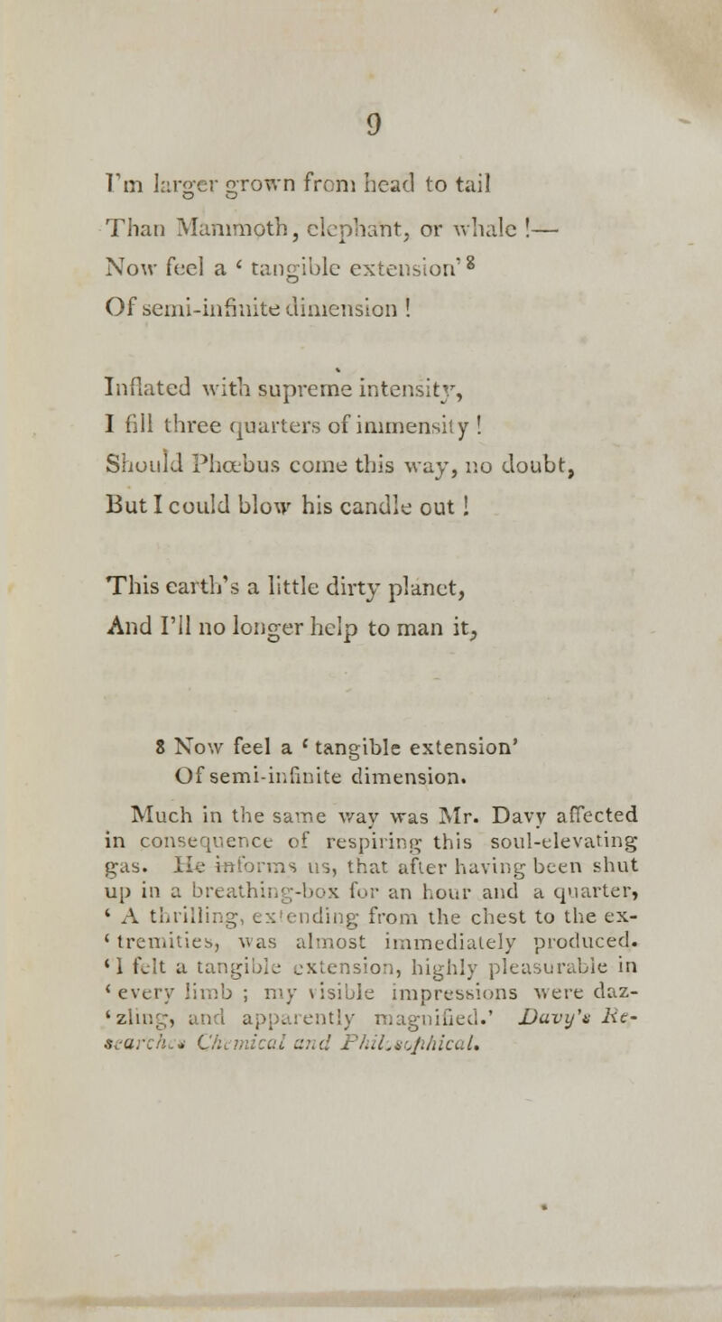 Vm larger grown from head to tail Than Mammoth, elephant, or whale !— Now feel a ' tangible extension'^ Of seml-infiiiite dimension ! Inflated with supreme intensity, I fill three quarters of immensity ! Should Pha'bus come this way, v.o doubt, But I could blow his candle out! This earth's a little dirty planet, And ril no longer help to man it, 8 Now feel a ' tangible extension' Of semi-ir.linite dimension. Much in the same way was Mr. Davy affected in consequence of respirini'- this soul-elevating gas. He iftforms us, that afler having been shut up in a breathing-box for an hour and a quarter, * A thrilling, ex'ending from the chest to the ex- ' tremities, was almost immediately produced. *1 felt a tangible extension, highly pleasurable in < every limb ; my visible impressions were daz- 'zling, and apparently magnified.' Duvy'n Re- Si'archcn Chemical and PhiLsrjphical.