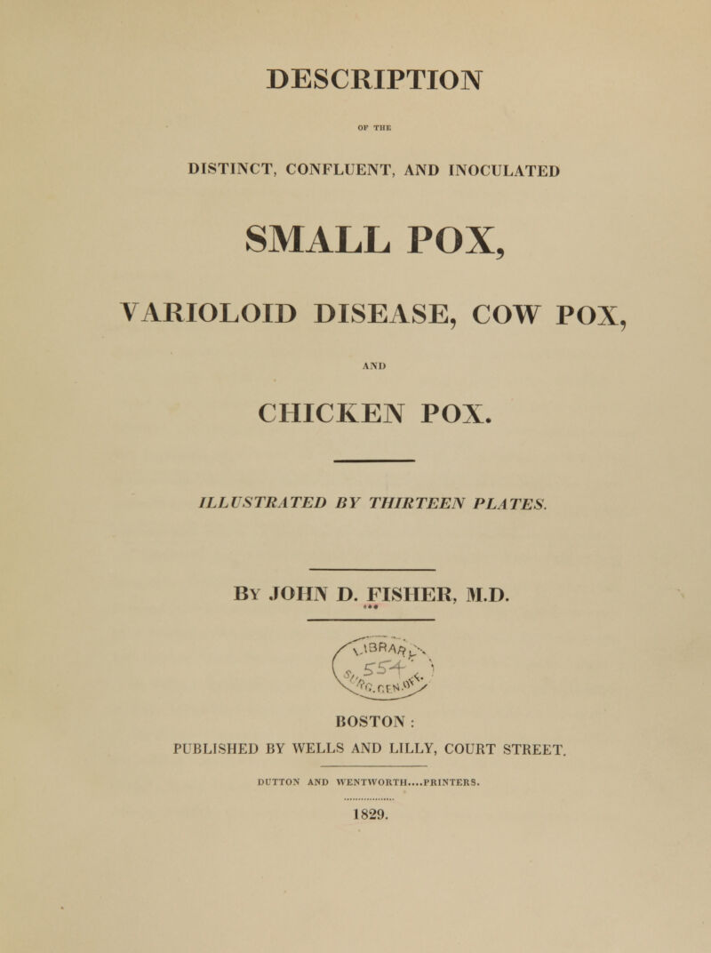 DESCRIPTION DISTINCT, CONFLUENT, AND INOCULATED SMALL POX, VARIOLOID DISEASE, COW POX, AND CHICKEN POX. ILLUSTRATED BY THIRTEEN PLATES. BY JOHN D. FISHER, M.D. ..r.r^N ' BOSTON: PUBLISHED BY WELLS AND LILLY, COURT STREET. DUTTON AND WENTWORTH....PRINTERS. 1829.