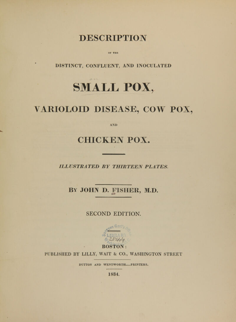 DESCRIPTION DISTINCT, CONFLUENT, AND INOCULATED SMALL POX, VARIOLOID DISEASE, COW POX, AND CHICKEN POX. ILLUSTRATED BY THIRTEEN PLATES. By JOHN D. FISHER, M.D. SECOND EDITION. ,00 G c - BOSTON: PUBLISHED BY LILLY, WAIT & CO., WASHINGTON STREET DUTTON AND WENTWORTH....PRINTERS. 1834.