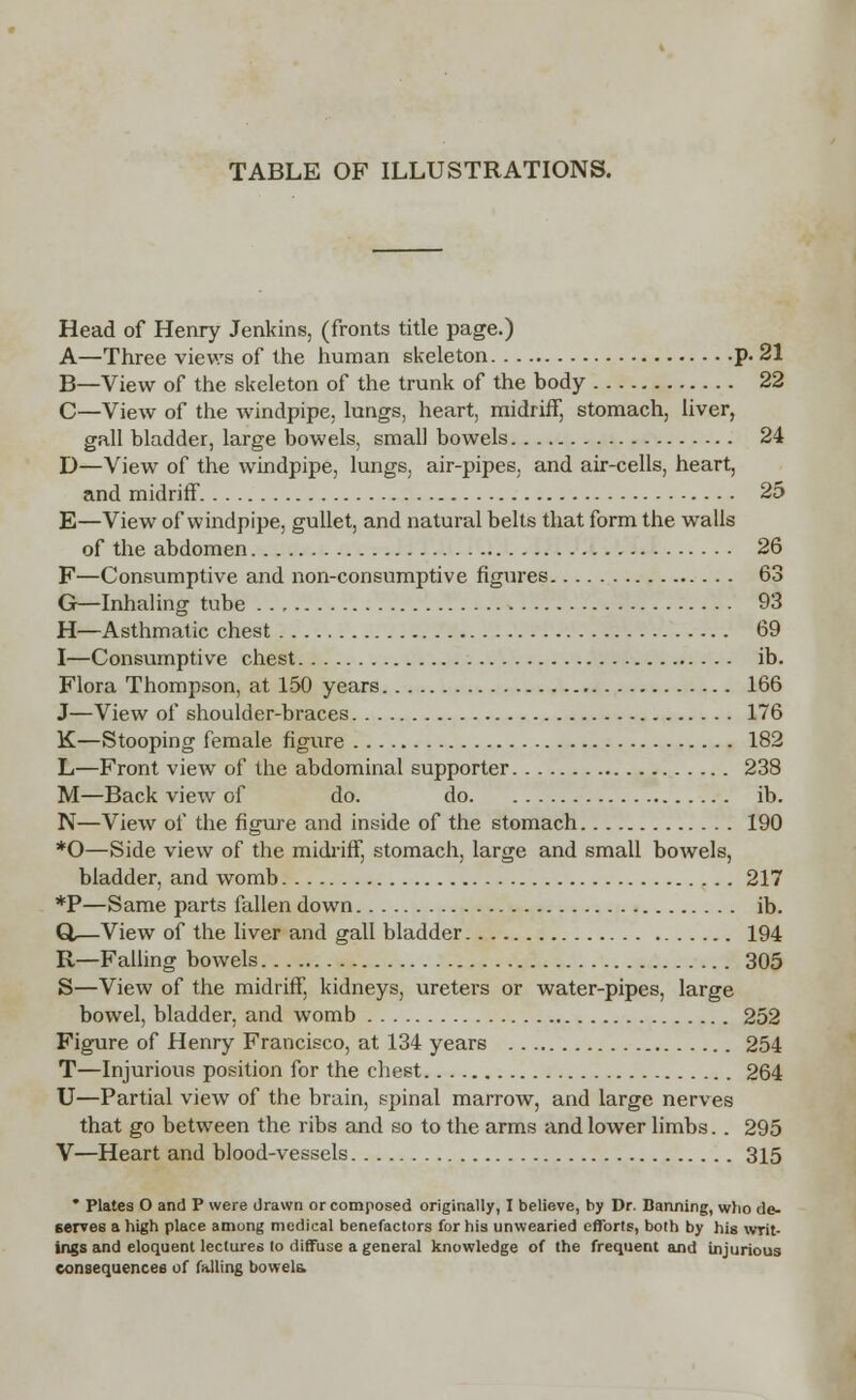 TABLE OF ILLUSTRATIONS. Head of Henry Jenkins, (fronts title page.) A—Three views of the human skeleton p. 21 B—View of the skeleton of the trunk of the body 22 C—View of the windpipe, lungs, heart, midrhT, stomach, liver, gall bladder, large bowels, small bowels 24 D—View of the windpipe, lungs, air-pipes, and air-cells, heart, and midriff 25 E—View of windpipe, gullet, and natural belts that form the walls of the abdomen 26 F—Consumptive and non-consumptive figures 63 G—Inhaling tube 93 H—Asthmatic chest 69 I—Consumptive chest ib. Flora Thompson, at 150 years 166 J—View of shoulder-braces 176 K—Stooping female figure 182 L—Front view of the abdominal supporter 238 M—Back view of do. do ib. N—View of the figure and inside of the stomach 190 *0—Side view of the midriff, stomach, large and small bowels, bladder, and womb 217 *P—Same parts fallen down ib. Q,—View of the liver and gall bladder 194 R—Falling bowels 305 S—View of the midriff, kidneys, ureters or water-pipes, large bowel, bladder, and womb 252 Figure of Henry Francisco, at 134 years 254 T—Injurious position for the chest 264 U—Partial view of the brain, spinal marrow, and large nerves that go between the ribs and so to the arms and lower limbs. . 295 V—Heart and blood-vessels 315  Plates O and P were drawn or composed originally, I believe, by Dr. Banning, who de- serves a high place among medical benefactors for his unwearied efforts, both by his writ- ings and eloquent lectures to diffuse a general knowledge of the frequent and injurious consequences of fulling bowels.