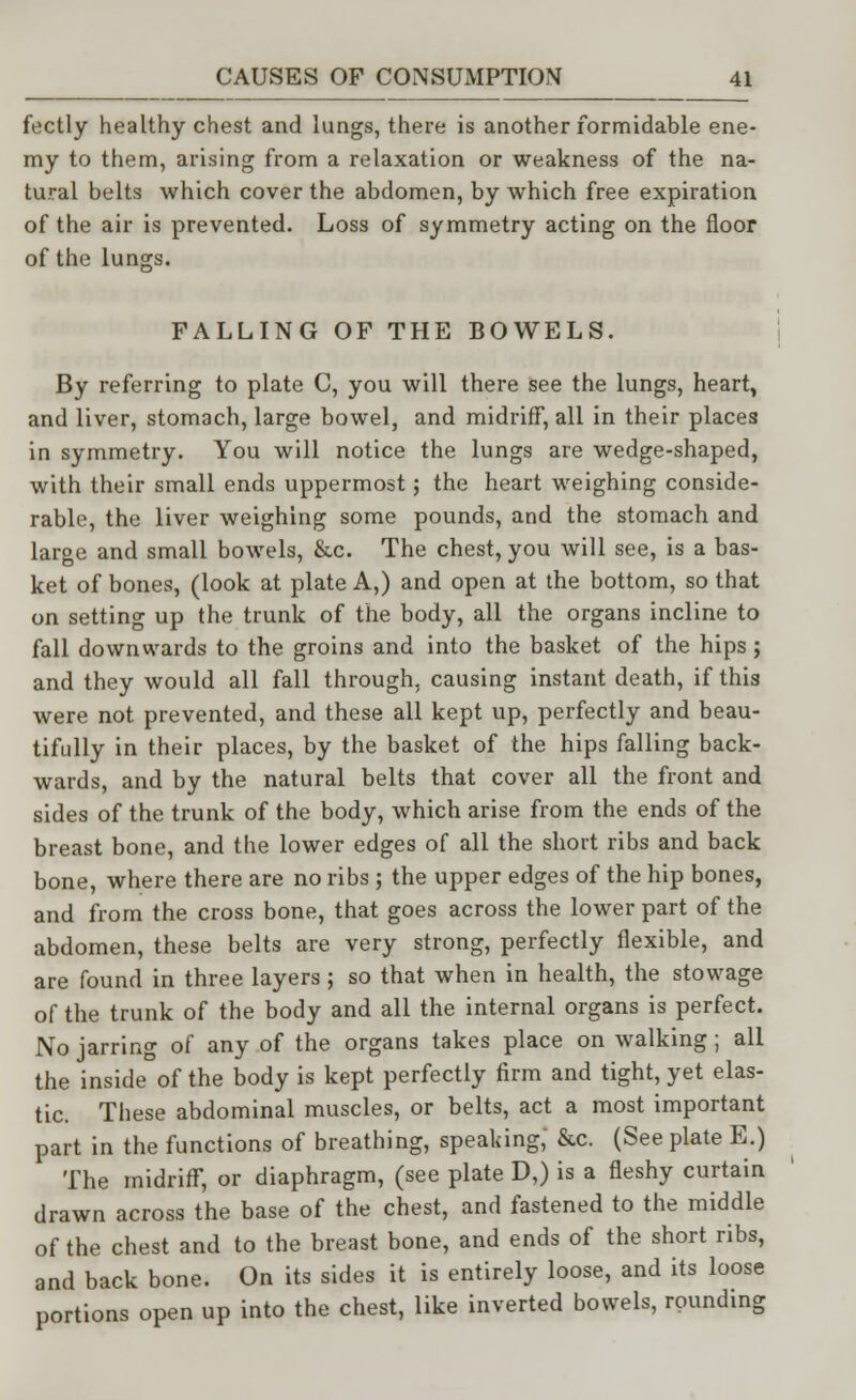 fectly healthy chest and lungs, there is another formidable ene- my to them, arising from a relaxation or weakness of the na- tural belts which cover the abdomen, by which free expiration of the air is prevented. Loss of symmetry acting on the floor of the lungs. FALLING OF THE BOWELS. By referring to plate C, you will there see the lungs, heart, and liver, stomach, large bowel, and midriff, all in their places in symmetry. You will notice the lungs are wedge-shaped, with their small ends uppermost; the heart weighing conside- rable, the liver weighing some pounds, and the stomach and large and small bowels, &c. The chest, you will see, is a bas- ket of bones, (look at plate A,) and open at the bottom, so that on setting up the trunk of the body, all the organs incline to fall downwards to the groins and into the basket of the hips; and they would all fall through, causing instant death, if this were not prevented, and these all kept up, perfectly and beau- tifully in their places, by the basket of the hips falling back- wards, and by the natural belts that cover all the front and sides of the trunk of the body, which arise from the ends of the breast bone, and the lower edges of all the short ribs and back bone, where there are no ribs ; the upper edges of the hip bones, and from the cross bone, that goes across the lower part of the abdomen, these belts are very strong, perfectly flexible, and are found in three layers ; so that when in health, the stowage of the trunk of the body and all the internal organs is perfect. No jarring of any of the organs takes place on walking ; all the inside of the body is kept perfectly firm and tight, yet elas- tic. These abdominal muscles, or belts, act a most important part in the functions of breathing, speaking, &c. (See plate E.) The midriff, or diaphragm, (see plate D,) is a fleshy curtain drawn across the base of the chest, and fastened to the middle of the chest and to the breast bone, and ends of the short ribs, and back bone. On its sides it is entirely loose, and its loose portions open up into the chest, like inverted bowels, rounding