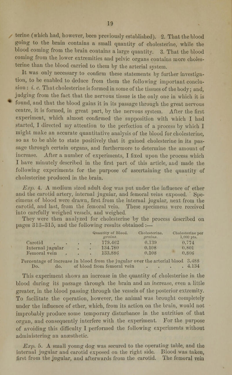 / terinc (which had, however, been previously established). 2. That the blood going to the brain contains a small quantity of cholesterine, while the blood coming from the brain contains a large quantity. 3. That the blood coming from the lower extremities and pelvic organs contains more choles- teriue than the blood carried to them by the arterial system. It was only necessary to confirm these statements by further investiga- tion, to be enabled to deduce from them the following important conclu- sion : i. e. That cholesterine is formed in some of the tissues of the body; and, judging from the fact that the nervous tissue is the only one in which it is • found, and that the blood gains it in its passage through the great nervous centre, it is formed, in great part, by the nervous system. After the first experiment, which almost confirmed the supposition with which I had started, I directed my attention to the perfection of a process by which I might make an accurate quantitative analysis of the blood for cholesterine, so as to be able to state positively that it gained cholesterine in its pas- sage through certain organs, and furthermore to determine the amount of increase. After a number of experiments, I fixed upon the process which I have minutely described in the first part of this article, and made the following experiments for the purpose of ascertaining the quantity of cholesterine produced in the brain. Exp. 4. A medium sized adult dog was put under the influence of ether and the carotid artery, internal jugular, and femoral veins exposed. ' Spe- cimens of blood were drawn, first from the internal jugular, next from the carotid, and last, from the femoral vein. These specimens were received into carefully weighed vessels, and weighed. They were then analyzed for cholesterine by the process described on pages 813-315, and the following results obtained :— Quantity of Blood. Cholesterine. Cholesterine per grains. grains. 1,000 pts. Carotid .... 179.462 0.139 0.774 Internal jugular . . 134.780 0.108 0.801 Femoral vein . . . 133.886 0.108 0.80t> Percentage of increase in blood from the jugular over the arterial blood 3.488 Do. do. of blood from femoral vein .... 4.134 This experiment shows an increase in the quantity of cholesterine in the blood during its passage through the brain and an increase, even a little greater, in the blood passing through the vessels of the posterior extremity. To facilitate the operation, however, the animal was brought completely under the influence of ether, which, from its action on the brain, would not improbably produce some temporary disturbance in the nutrition of that organ, and consequently interfere with the experiment. For the purpose of avoiding this difficulty I performed the following experiments without administering an aiuesthetic. Exp. 5. A small young dog was secured to the operating table, and the internal jugular and carotid exposed on the right side. IJlood was taken, first from the jugular, and afterwards from the carotid. The femoral vein