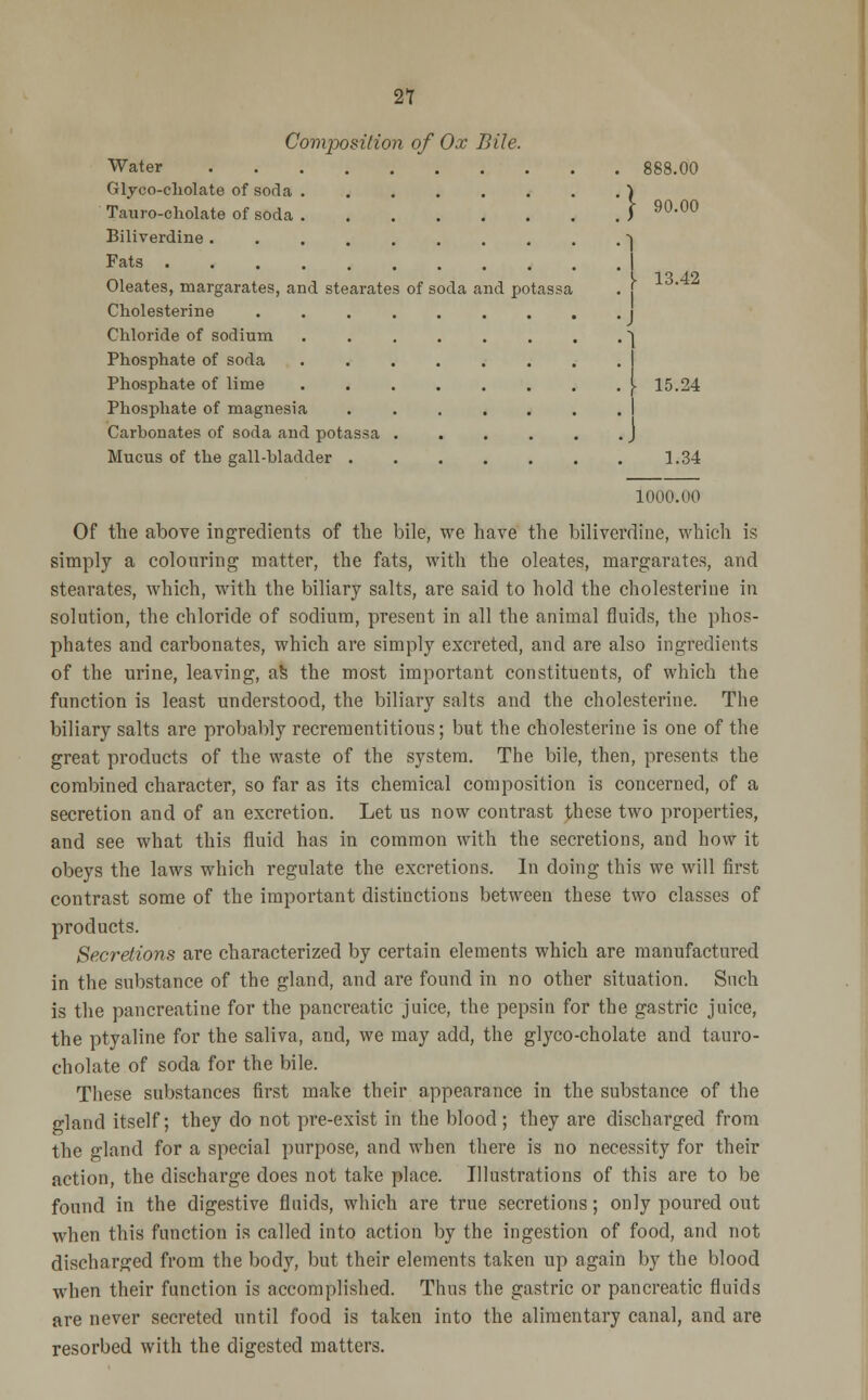 21 Composition of Ox Bile. Water 888.00 Glyco-eholate of soda . . . . . . . . ) Tauro-cholate of soda J 90-00 Biliverdine •] Fats | I TO AO Oleates, margarates, and stearates of soda and potassa . j Cholesterine ......... i Chloride of sodium ] Phosphate of soda ........ I Phosphate of lime \ 15.24 Phosphate of magnesia . . . . . . .1 Carbonates of soda and potassa . . . . . .J Mucus of the gall-bladder 1.34 1000.00 Of the above ingredients of the bile, we have the biliverdine, which is simply a colouring matter, the fats, with the oleates, margarates, and stearates, which, with the biliary salts, are said to hold the cholesterine in solution, the chloride of sodium, present in all the animal fluids, the phos- phates and carbonates, which are simply excreted, and are also ingredients of the urine, leaving, as the most important constituents, of which the function is least understood, the biliary salts and the cholesterine. The biliary salts are probably recrementitious; but the cholesterine is one of the great products of the waste of the system. The bile, then, presents the combined character, so far as its chemical composition is concerned, of a secretion and of an excretion. Let us now contrast these two properties, and see what this fluid has in common with the secretions, and how it obeys the laws which regulate the excretions. In doing this we will first contrast some of the important distinctions between these two classes of products. Secretions are characterized by certain elements which are manufactured in the substance of the gland, and are found in no other situation. Such is the pancreatine for the pancreatic juice, the pepsin for the gastric juice, the ptyaline for the saliva, and, we may add, the glyco-cholate and tauro- cholate of soda for the bile. These substances first make their appearance in the substance of the gland itself; they do not pre-exist in the blood; they are discharged from the gland for a special purpose, and when there is no necessity for their action, the discharge does not take place. Illustrations of this are to be found in the digestive fluids, which are true secretions; only poured out when this function is called into action by the ingestion of food, and not discharged from the body, but their elements taken up again by the blood when their function is accomplished. Thus the gastric or pancreatic fluids are never secreted until food is taken into the alimentary canal, and are resorbed with the digested matters.