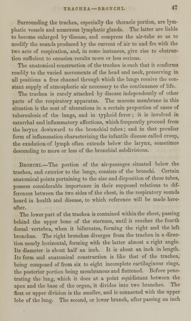 Surrounding the trachea, especially the thoracic portion, are lym- phatic vessels and numerous lymphatic glands. The latter are liable to become enlarged by ^disease, and compress the air-tube so as to modify the sounds produced by the current of air to and fro with the two acts of respiration, and, in some instances, give rise to obstruc- tion sufficient to occasion results more or less serious. The anatomical construction of the trachea is such that it conforms readily to the varied movements of the head and neck, preserving in all positions a free channel through which the lungs receive the con- stant supply of atmospheric air necessary to the continuance of life. The trachea is rarely attacked by disease independently of other parts of the respiratory apparatus. The mucous membrane in this situation is the seat of ulcerations in a certain proportion of cases of tuberculosis of the lungs, and in typhoid fever ; it is involved in catarrhal and inflammatory affections, which frequently proceed from the larynx downward to the bronchial tubes; and in that peculiar form of inflammation characterizing the infantile disease called croup, the exudation of lymph often extends below the larynx, sometimes descending to more or less of the bronchial subdivisions. Bronchi.—The portion of the air-passages situated below the trachea, and exterior to the lungs, consists of the bronchi. Certain anatomical points pertaining to the size and disposition of these tubes, possess considerable importance in their supposed relations to dif- ferences between the two sides of the chest, in the respiratory sounds heard in health and disease, to which reference will be made here- after. The lower part of the trachea is contained within the chest, passing behind the upper bone of the sternum, until it reaches the fourth dorsal vertebra, when it bifurcates, forming the right and the left bronchus. The right bronchus diverges from the trachea in a direc- tion nearly horizontal, forming with the latter almost a right angle. Its diameter is about half an inch. It is about an inch in length. Its form and anatomical construction is like that of the trachea, being composed of from six to eight incomplete cartilaginous rings, the posterior portion being membranous and flattened. Before pene- trating the lung, which it does at a point equidistant between the apex and the base of the organ, it divides into two branches. The first or upper division is the smaller, and is connected with the upper lobe of the lung. The second, or lower branch, after passing an inch