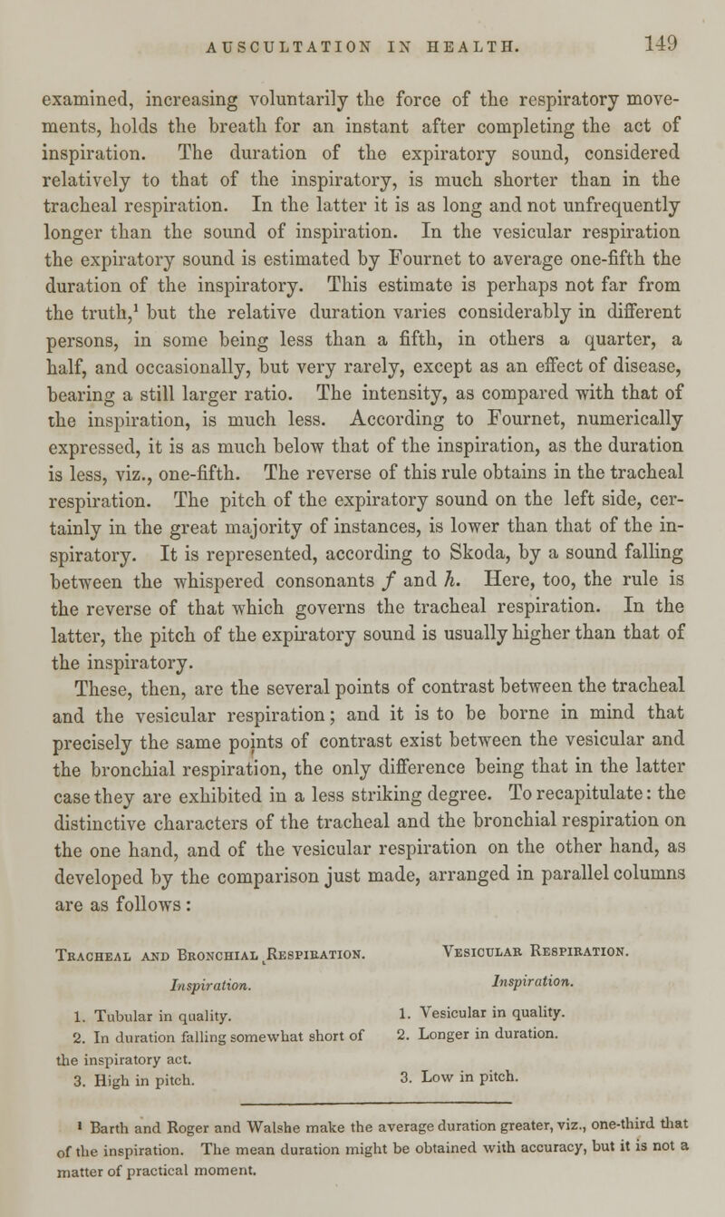 examined, increasing voluntarily the force of the respiratory move- ments, holds the breath for an instant after completing the act of inspiration. The duration of the expiratory sound, considered relatively to that of the inspiratory, is much shorter than in the tracheal respiration. In the latter it is as long and not unfrequently longer than the sound of inspiration. In the vesicular respiration the expiratory sound is estimated by Fournet to average one-fifth the duration of the inspiratory. This estimate is perhaps not far from the truth,1 but the relative duration varies considerably in different persons, in some being less than a fifth, in others a quarter, a half, and occasionally, but very rarely, except as an effect of disease, bearing a still larger ratio. The intensity, as compared with that of the inspiration, is much less. According to Fournet, numerically expressed, it is as much below that of the inspiration, as the duration is less, viz., one-fifth. The reverse of this rule obtains in the tracheal respiration. The pitch of the expiratory sound on the left side, cer- tainly in the great majority of instances, is lower than that of the in- spiratory. It is represented, according to Skoda, by a sound falling between the whispered consonants / and h. Here, too, the rule is the reverse of that which governs the tracheal respiration. In the latter, the pitch of the expiratory sound is usually higher than that of the inspiratory. These, then, are the several points of contrast between the tracheal and the vesicular respiration; and it is to be borne in mind that precisely the same points of contrast exist between the vesicular and the bronchial respiration, the only difference being that in the latter case they are exhibited in a less striking degree. To recapitulate: the distinctive characters of the tracheal and the bronchial respiration on the one hand, and of the vesicular respiration on the other hand, as developed by the comparison just made, arranged in parallel columns are as follows: Tracheal and Bronchial Respiration. Vesicular Respiration. Inspiration. Inspiration. 1. Tubular in quality. 1- Vesicular in quality. 2. In duration falling somewhat short of 2. Longer in duration, the inspiratory act. 3. High in pitch. 3. Low in pitch. ' Barth and Roger and Walshe make the average duration greater, viz., one-third that of the inspiration. The mean duration might be obtained with accuracy, but it is not a matter of practical moment.