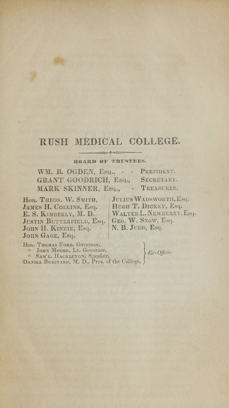 RUSH MEDICAL COLLEGE, BOARD OF TRUSTEES. WM. B. QGDEN, Esq., - - President. GRANT GOODRICH, Esq., Secretary. MARK SKINNER, Esq., - Treasurer. Hon. Theos. W. Smith, James H. Collins, Esq. E. S. Kimberly, M. D. Justin Butterfield, Esq. John H. Kinzie, Esq. John Gage, Esq. Hon. Thomas Ford, Governor,  Joh>~ Moore, Lt. Governor,  Sam'l. Hackleto>t, Speaker, Da.mei- Braisard, M. D.. Pres. of the College, j Julius Wadsworth, Esq. Hugh T. Dickey, Esq. Walter L. Newberry, Esq Geo. W. Snow, Esq. N. B. JlJDD, Esq. ] \Ex-0