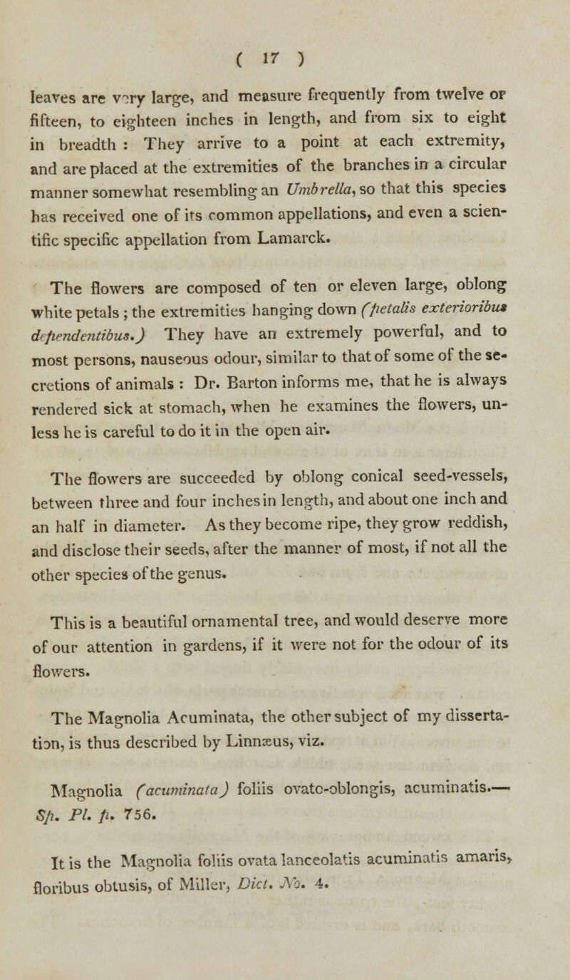 leaves are v-ry large, and measure frequently from twelve op fifteen, to eighteen inches in length, and from six to eight in breadth : They arrive to a point at each extremity, and are placed at the extremities of the branches in a circular manner somewhat resembling an Umbrella, so that this species has received one of its common appellations, and even a scien- tific specific appellation from Lamarck. The flowers are composed of ten or eleven large, oblong white petals ; the extremities hanging down (fietalis exterioribu* drfiendentibus.) They have an extremely powerful, and to most persons, nauseous odour, similar to that of some of the se- cretions of animals : Dr. Barton informs me, that he is always rendered sick at stomach, when he examines the flowers, un- less he is careful to do it in the open air. The flowers are succeeded by oblong conical seed-vessels, between three and four inches in length, and about one inch and an half in diameter. As they become ripe, they grow reddish, and disclose their seeds, after the manner of most, if not all the other species of the genus. This is a beautiful ornamental tree, and would deserve more of our attention in gardens, if it were not for the odour of its flowers. The Magnolia Acuminata, the other subject of my disserta- tion, is thus described by Linnaeus, viz. Magnolia (acuminata) foliis ovatc-oblongis, acuminatis.— Sfi. PI. p. 756. It is the Magnolia foliis ovata lanceolatis acuminatis amaris, floribus obtusis, of Miller, Did. No. 4.