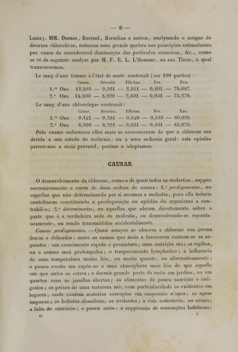 Luzia). MM. Dumas, Barruel, Berzelius e outros, analysando o sangue de diversas cliloroticas, notaram uma grande quebra nos princípios estimulantes por causa da considerável diminuição das partículas cruoricas, &c. , como se vê da seguinte analyse por M. F. E. L. LHomme, na sua These, a qual transcrevemos. Le sang d'une femme à 1'état de santé contenait (sur 100 parties) : Cruor. Sérosilé. Fibrine. Fer. Eau. 1. Obs. 12,400 — 9,261 — 2,511 — 0,801 — 75,687. 2.e Obs. 44,400 — 8,920 — 2,501 — 0,901 — 73,278. Le sang d'une chlorotique contenait: Cruor. Sérosité. Fibrine. Fer. Eau. l.re Obs. 9,141 — 9,261 — 0,640 — 0,330 — 80,628. 2.c Obs. 8,590 — 8,221 — 0,631 — 0,501 — 83,075. Pelo exame cadavérico elles mais se convenceram de que a clilorose era devida a um estado de cachexia, ou a uma asihenia geral: esta opinião parece-nos a mais provável, porisso a adoptamos. CAUSAS. O desenvolvimento da clilorose, como o de quasi todas as moléstias, suppõe successivamente o curso de duas ordens de causas : l.a predisponentes, ou aquellas que não determinando per si mesmas a moléstia, para ella todavia contribuem constituindo a predisposição ou aptidão do organismo a con- trahil-a; 2.a determinantes, ou aquellas que obram directamente sobre a parte que é a verdadeira sede da moléstia, ou desenvolvendo-se esponta- neamente , ou sendo transmiltidas accidentalmente. Causas predisponentes. — Quasi sempre se observa a chlorose nas jovens fracas e delicadas : entre as causas que mais a favorecem contam-se as se- guintes : um crescimento rápido e prematuro; uma nutrição má; as vigílias, ou o somno mui prolongados ; o temperamento lymphatico ; a influencia de uma temperatura muito fria, ou muito quente, ou alternativamente; o pouco recato em expor-se a uma atmosphera mais fria do que aquella em que antes se estava ; o dormir grande parle da noite em jardins, ou em quartos com as janellas abertas; os alimentos de pouca nutrição e indi- gestos ; os peixes de uma natureza má, com particularidade os existentes em lugares , onde existem matérias corruptas em suspensão n'agoa; as agoas impuras; as bebidas alcoólicas; os irritantes; a vida sedentária, ou ociosa; a falta de exercido ; o pouco aceio ; a suppressão de evacuações habituaes j 3