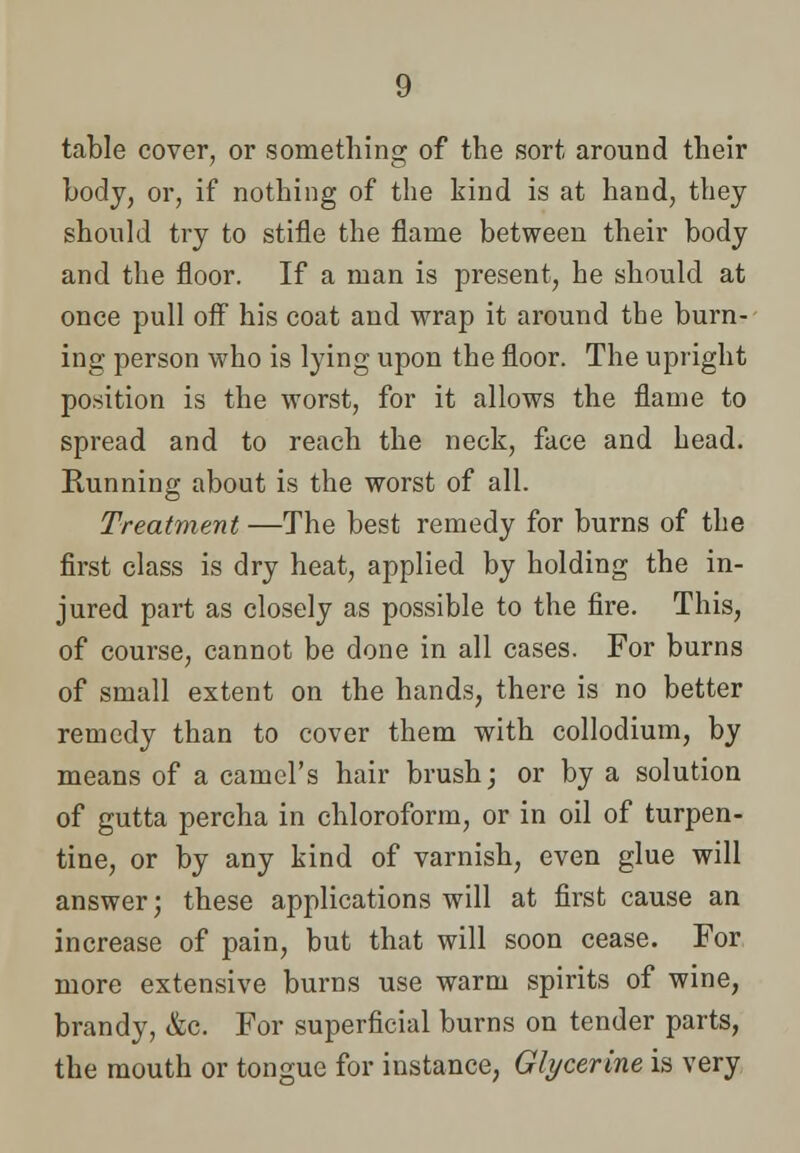 table cover, or something of the sort around their body, or, if nothing of the kind is at hand, they should try to stifle the flame between their body and the floor. If a man is present, he should at once pull off his coat and wrap it around the burn- ing person who is lying upon the floor. The upright position is the worst, for it allows the flame to spread and to reach the neck, face and head. Running about is the worst of all. Treatment —The best remedy for burns of the first class is dry heat, applied by holding the in- jured part as closely as possible to the fire. This, of course, cannot be done in all cases. For burns of small extent on the hands, there is no better remedy than to cover them with collodium, by means of a camel's hair brush; or by a solution of gutta percha in chloroform, or in oil of turpen- tine, or by any kind of varnish, even glue will answer; these applications will at first cause an increase of pain, but that will soon cease. For more extensive burns use warm spirits of wine, brandy, &c. For superficial burns on tender parts, the mouth or tongue for instance, Glycerine is very