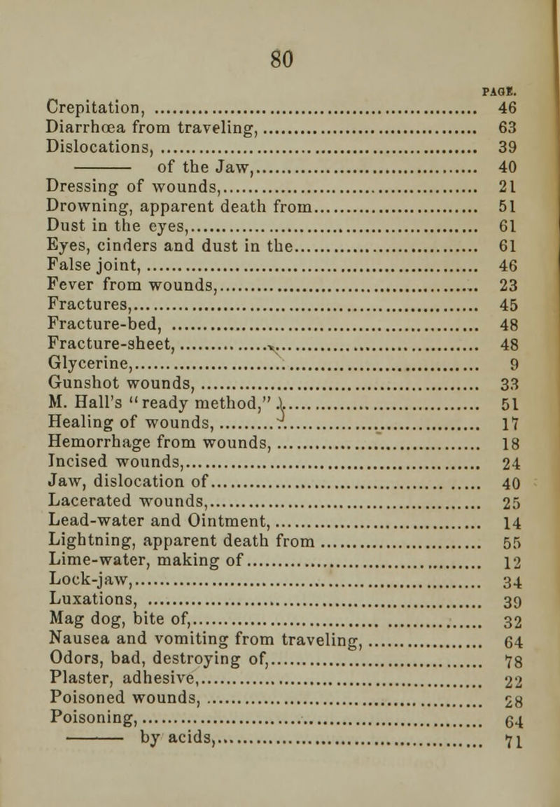 BO PAGE. Crepitation, 46 Diarrhoea from traveling, 63 Dislocations, 39 of the Jaw, 40 Dressing of wounds, 21 Drowning, apparent death from 51 Dust in the eyes, 61 Eyes, cinders and dust in the 61 False joint, 46 Fever from wounds, 23 Fractures, 45 Fracture-bed, 48 Fracture-sheet, * 48 Glycerine, 9 Gunshot wounds, 33 M. Hall's ready method, i 51 Healing of wounds, 17 Hemorrhage from wounds, 18 Incised wounds, 24 Jaw, dislocation of 40 Lacerated wounds, 25 Lead-water and Ointment, 14 Lightning, apparent death from 55 Lime-water, making of 12 Lock-jaw, 34 Luxations, 39 Mag dog, bite of, 32 Nausea and vomiting from traveling, 64 Odors, bad, destroying of, 78 Plaster, adhesive, 22 Poisoned wounds, 28 Poisoning, 64 by acids, 71