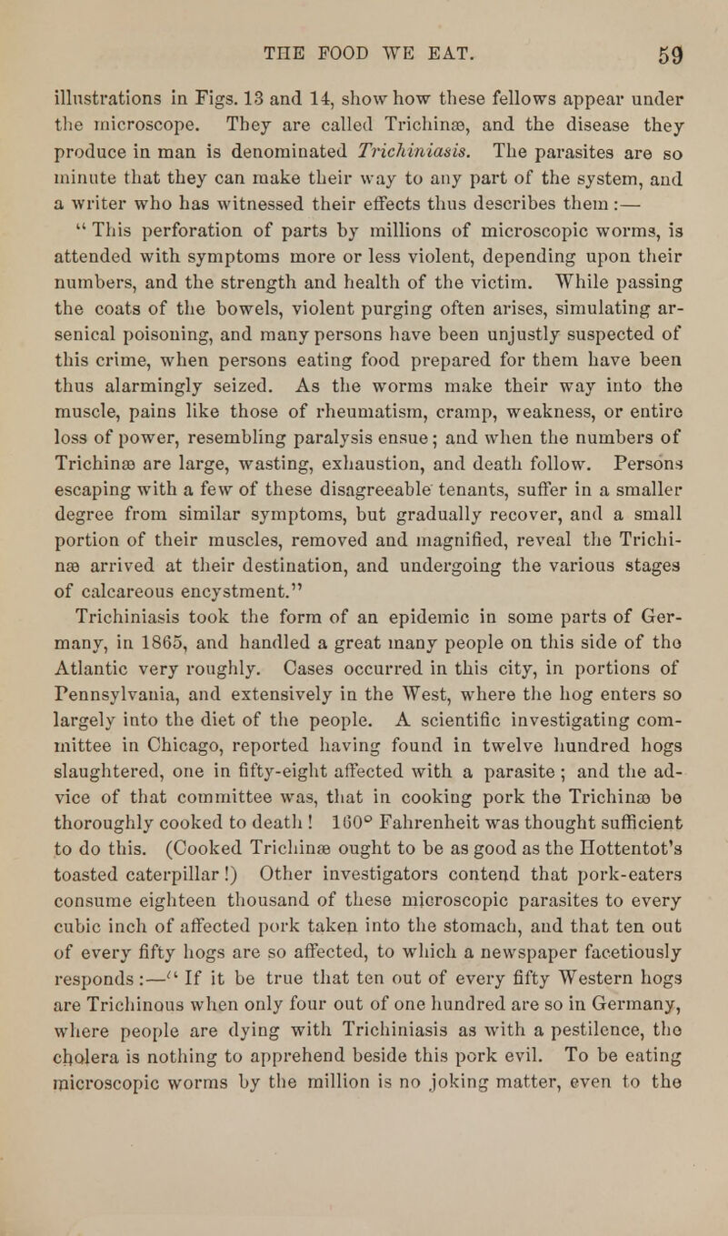 illustrations in Figs. 13 and 14, show how these fellows appear under the microscope. They are called Trichina?, and the disease they produce in man is denominated Trichiniasis. The parasites are so minute that they can make their way to any part of the system, and a writer who has witnessed their effects thus describes them :—  This perforation of parts by millions of microscopic worms, is attended with symptoms more or less violent, depending upon their numbers, and the strength and health of the victim. While passing the coats of the bowels, violent purging often arises, simulating ar- senical poisoning, and many persons have been unjustly suspected of this crime, when persons eating food prepared for them have been thus alarmingly seized. As the worms make their way into the muscle, pains like those of rheumatism, cramp, weakness, or entire loss of power, resembling paralysis ensue; and when the numbers of Trichina? are large, wasting, exhaustion, and death follow. Persons escaping with a few of these disagreeable tenants, suffer in a smaller degree from similar symptoms, but gradually recover, and a small portion of their muscles, removed and magnified, reveal the Trichi- na? arrived at their destination, and undergoing the various stages of calcareous encystment. Trichiniasis took the form of an epidemic in some parts of Ger- many, in 1865, and handled a great many people on this side of the Atlantic very roughly. Oases occurred in this city, in portions of Pennsylvania, and extensively in the West, where the hog enters so largely into the diet of the people. A scientific investigating com- mittee in Chicago, reported having found in twelve hundred hogs slaughtered, one in fifty-eight affected with a parasite; and the ad- vice of that committee was, that in cooking pork the Trichina? be thoroughly cooked to death ! 160° Fahrenheit was thought sufficient to do this. (Cooked Trichina? ought to be as good as the Hottentot's toasted caterpillar!) Other investigators contend that pork-eaters consume eighteen thousand of these microscopic parasites to every cubic inch of affected pork taken into the stomach, and that ten out of every fifty hogs are so affected, to which a newspaper facetiously responds:— If it be true that ten out of every fifty Western hogs are Trichinous when only four out of one hundred are so in Germany, where people are dying with Trichiniasis as with a pestilence, the cholera is nothing to apprehend beside this pork evil. To be eating microscopic worms by the million is no joking matter, even to the