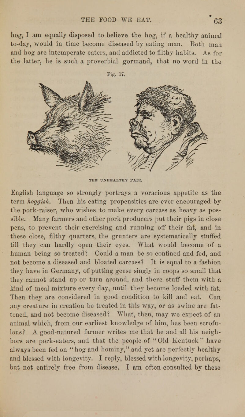 hog, I am equally disposed to believe the hog, if a healthy animal to-day, would in time become diseased by eating man. Both man and hog are intemperate eaters, and addicted to filthy habits. As for the latter, he is such a proverbial gormand, that no word in the English language so strongly portrays a voracious appetite as the term hoggish. Then his eating propensities are ever encouraged by the pork-raiser, who wishes to make every carcass as heavy as pos- sible. Many farmers and other pork producers put their pigs in close pens, to prevent their exercising and running off their fat, and in these close, filthy quarters, the grunters are systematically stuffed till they can hardly open their eyes. What would become of a human being so treated? Could a man be so confined and fed, and not become a diseased and bloated carcass? It is equal to a fashion they have in Germany, of putting geese singly in coops so small that they cannot stand up or turn around, and there stuff them with a kind of meal mixture every day, until they become loaded with fat. Then they are considered in good condition to kill and eat. Can any creature in creation be treated in this way, or as swine are fat- tened, and not become diseased? What, then, may we expect of an animal which, from our earliest knowledge of him, has been scrofu- lous? A good-natured farmer writes me that he and all his neigh- bors are pork-eaters, and that the people of Old Kentuck have always been fed on  hog and hominy, and yet are perfectly healthy and blessed with longevity. I reply, blessed with longevity, perhaps, but not entirely free from disease. I am often consulted by these Fig. 17. THE UNHEALTHY PAIK.