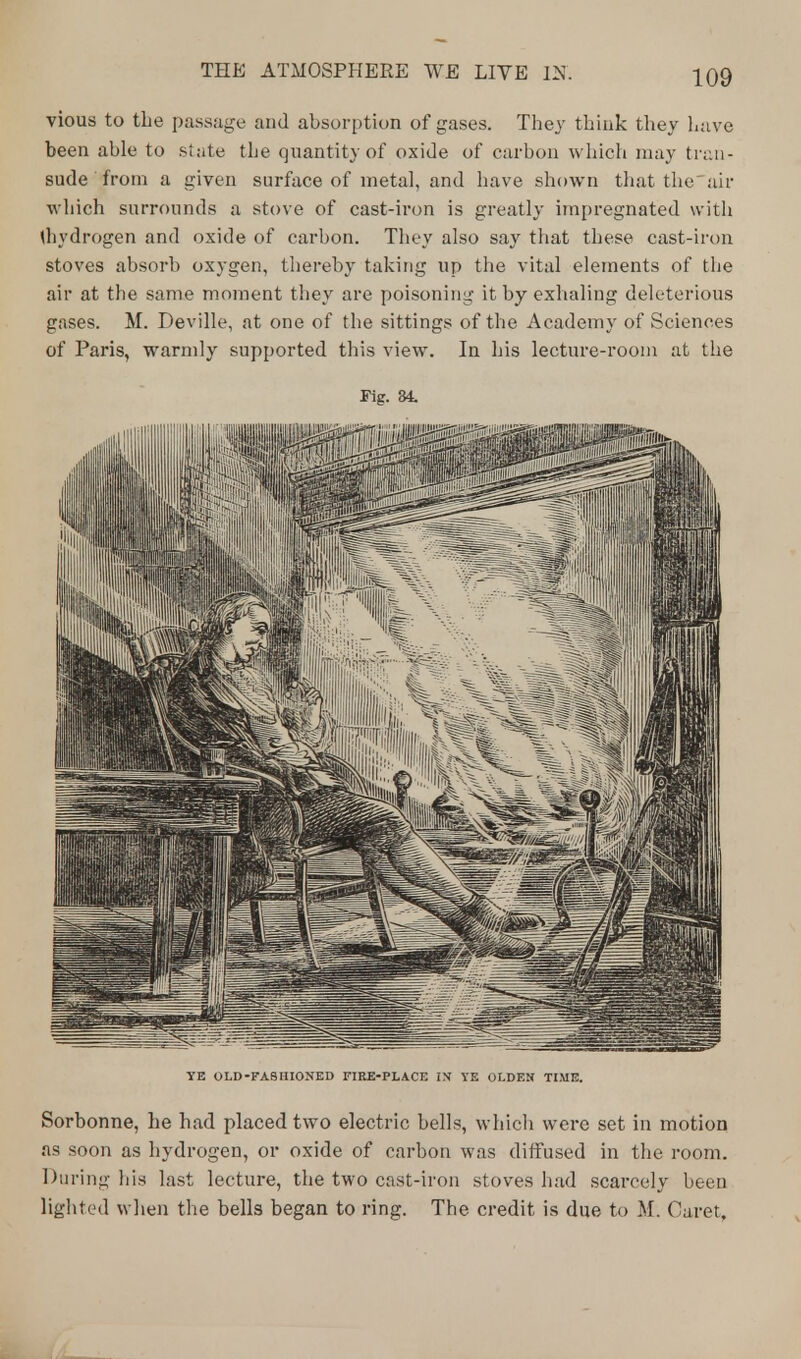 vious to the passage and absorption of gases. They think they have been able to state the quantity of oxide of carbon which may tran- sude from a given surface of metal, and have shown that the air which surrounds a stove of cast-iron is greatly impregnated with Oiydrogen and oxide of carbon. They also say that these cast-iron stoves absorb oxygen, thereby taking up the vital elements of the air at the same moment they are poisoning it by exhaling deleterious gases. M. Deville, at one of the sittings of the Academy of Sciences of Paris, warmly supported this view. In his lecture-room at the Fig. 34. YE OLD-FASHIONED FIRE-PLACE IN YE OLDEN TIME. Sorbonne, he had placed two electric bells, which were set in motion as soon as hydrogen, or oxide of carbon was diffused in the room. During his last lecture, the two cast-iron stoves had scarcely been lighted when the bells began to ring. The credit is due to M. Caret.