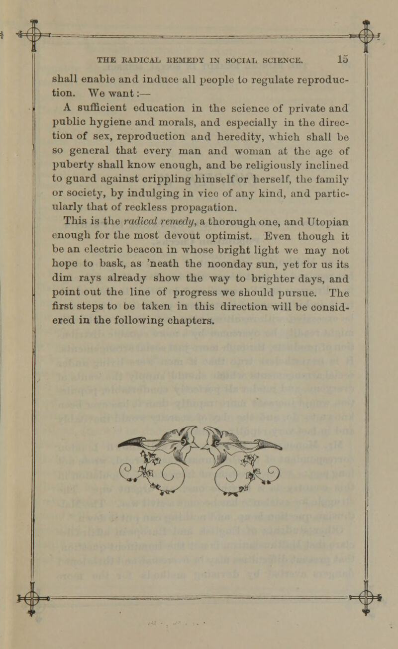 shall enabie and induce all people lo regulate reproduc- tion. We want:— A sufficient education in the science of private and public hygiene and morals, and especially in the direc- tion of sex, reproduction and heredity, -which shall be so general that every man and woman at the age of puberty shall know enough, and be religiously inclined to guard against crippling himself or herself, the family or society, by indulging in vico of any kind, and partic- ularly that of reckless propagation. This is the radical remedy, a thorough one, and Utopian enough for the most devout optimist. Even though it be an electric beacon in whose bright light we may not hope to bask, as 'neath the noonday sun, yet for us its dim rays already show the way to brighter days, and point out the line of progress we should pursue. The first steps to be taken in this direction will be consid- ered in the following chapters. 4- frtb