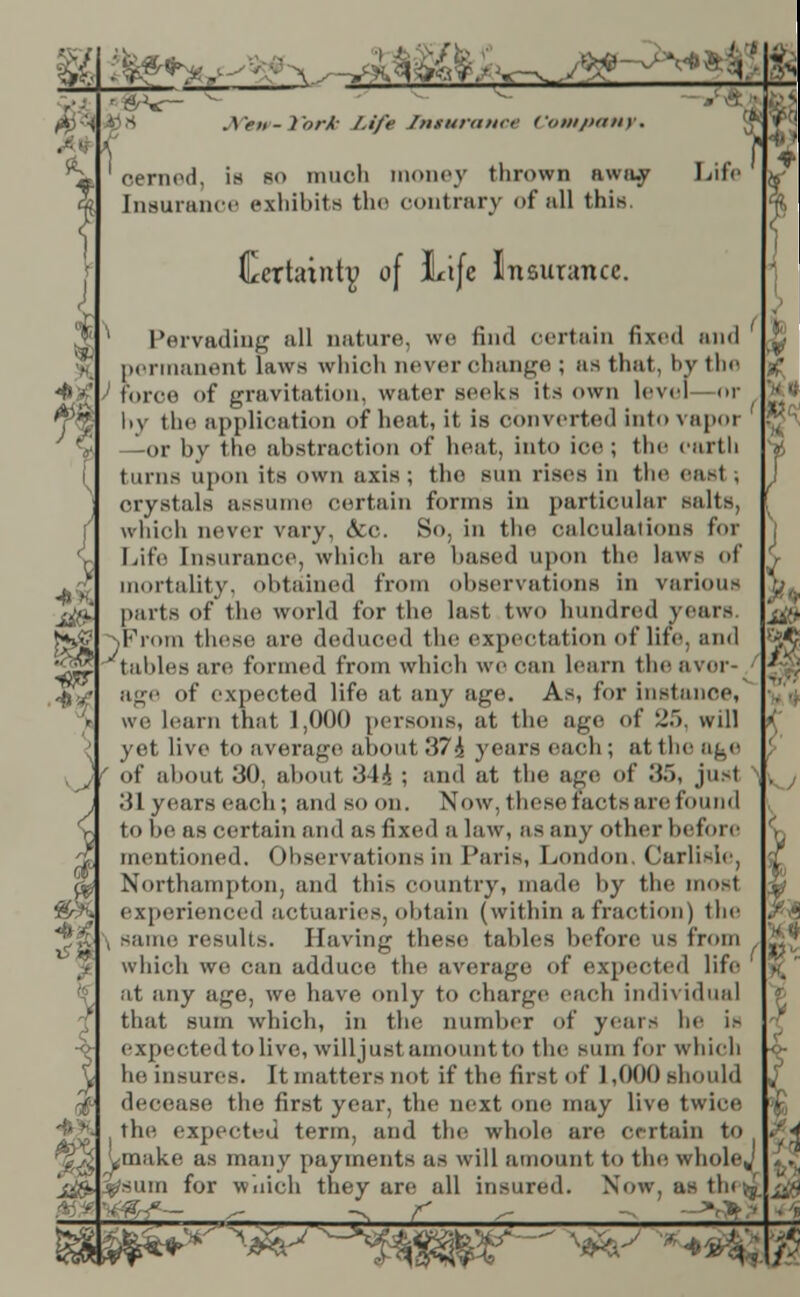 n i ■ ^~r JtiA New-York Lift Inturance Company, oerned, is so muofa money thrown away Life Insurance exhibits the contrary of all this. Certainty of Life Insurance. Pervading all nature, we find certain fixed mill permanent laws which never change ; as that, by the force of gravitation, water seeks its own level m by the application of heat, it is converted into vapor —or by the abstraction of heat, into ice ; the earth turns upon its own axis ; the sun rises in the east , crystals assume certain forms in particular salts, which never vary, &c. So, in the calculations for Life Insurance, which are based upon the laws of mortality, obtained from observations in various parts of the world for the last two hundred years sFrora these are deduced the expectation of life, and tallies are formed from which we can learn the aver- age of expected life at any age. As, for instance, we learn that 1,000 persons, at the age of 25, will yet live to average about 374 years each ; at the age J f of about 30, about 344 ; and at the age of 35, just 31 years each; and so on. Now. these facts are found r. to be as certain and as fixed a law, as any other before mentioned. Observations in Paris, London, Carlisle, Northampton, and this country, made by the most experienced actuaries, obtain (within a fraction) the i same results. Having these tables before us from which we can adduce the average of expected life at any age, we have only to charge each individual that sum which, in the number of years he is expected to live, will just amount to the sum for which he insures. It matters not if the first of ] ,000 should decease the first year, the next one may live twice the expected term, and the whole are certain to Lmake as many payments as will amount to the wholej j^sum for which they an; all insured. Now, as tin^ £ s _ i • I}' \^y ■*,, p