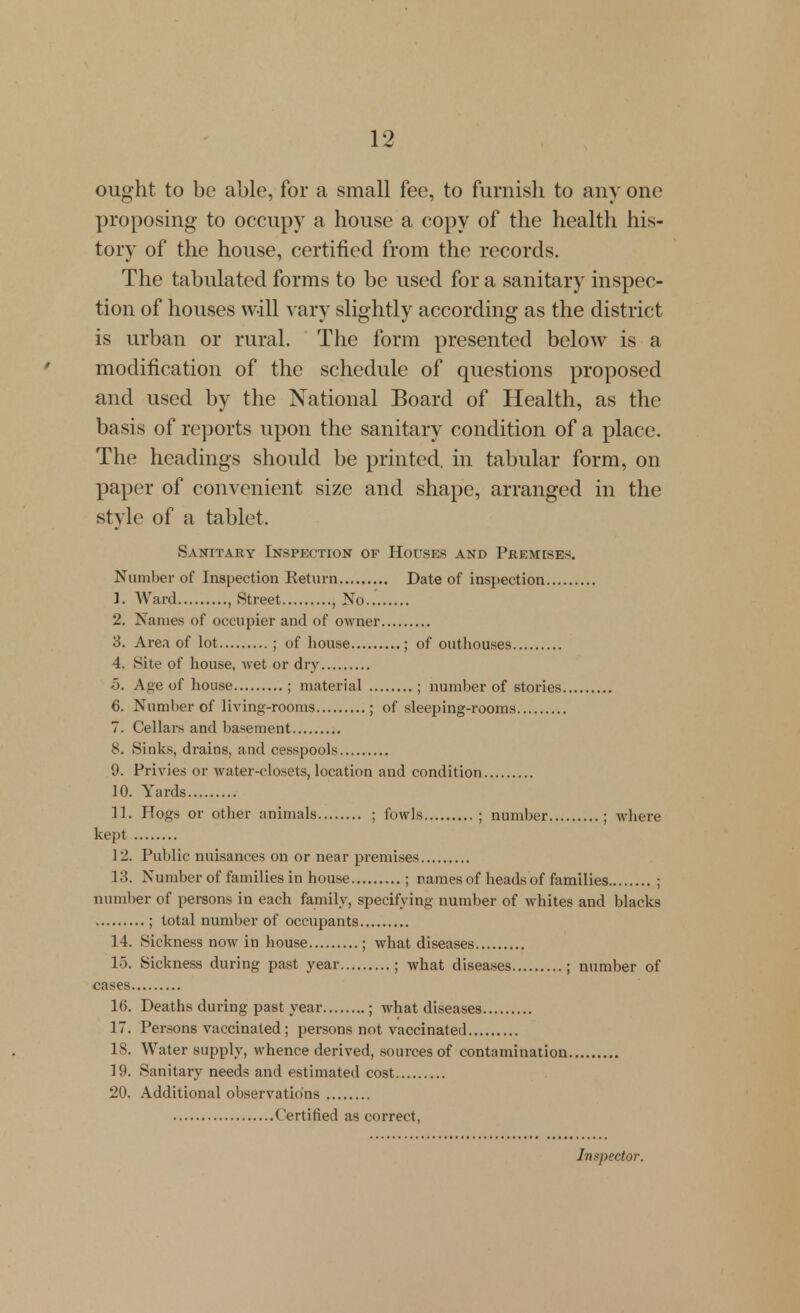 ought to be able, for a small fee, to furnish to any one proposing to occupy a house a copy of the health his- tory of the house, certified from the records. The tabulated forms to be used for a sanitary inspec- tion of houses will vary slightly according as the district is urban or rural. The form presented below is a modification of the schedule of questions proposed and used by the National Board of Health, as the basis of reports upon the sanitary condition of a place. The headings should be printed, in tabular form, on paper of convenient size and shape, arranged in the style of a tablet. Sanitary Inspection of Houses and Premises. Number of Inapection Keturn Date of inspection 1. Ward , Street , No.. 2. Names of occupier and of owner 3. Area of lot ; of house ; of outliouses 4. Site of house, wet or dry 5. Age of house ; material ; number of stories 6. Number of living-rooms ; of sleeping-rooms 7. Cellars and basement 8. Sinks, drains, and cesspools 9. Privies or water-closets, location and condition 10. Yards 11. Hogs or other animals ; fowls ; number ; where kept 12. Public nuisances on or near premises 13. Number of families in house ; names of heads of families ; number of pereons in each family, specifying number of whites and blacks ; total number of occupants 14. Sickness now in house ; what diseases 15. Sickness during past year ; what diseases ; number of cases 16. Deaths during past year ; what diseases 17. Persons vaccinated; persons not vaccinated 18. Water supply, whence derived, sources of contamination 19. Sanitary needs and estimated cost 20. Additional observations Certified as correct, Inspector.