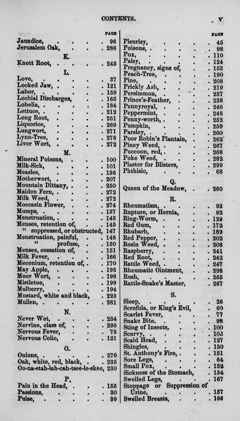 Jaundice, Jerusalem Oak, K. Knott Boot, . L. Love, Locked Jaw, . Labor, . Lochial Discharges, Lobelia, . Lettuce, . Long Root, . Liquorice, . Lungwort, Lynn-Tree, Liver Wort, . M. Mineral Poisons, Milk-Sick, Measles, Motherwort, . Mountain Dittany, Maiden Fern, . Milk Weed, . Moccasin Flower, Mumps, . Menstruation, . Menses, retention of, . 96 . 286 . 243 . 37 . 121 . 159 . 165 . 184 . 212 . 251 . 269 . 271 . 278 . 272 . 100 . 101 . 136 . 207 . 250 . 272 . 272 . 274 . 137 . 143 145 suppressed, or obstructed, 147 Menstruation, painful,  profuse, . Menses, cessation of, Milk Fever, Meconium, retention of,. May Apple, . . Moor Wort, . Mistletoe, Mulberry, Mustard, white and black, Mullen, .... s N. 148 150 151 166 170 193 198 199 194 223 281 . 234 . 296 . 75 . 121 O. Onions, 270 Oak, white, red, black, . . 235 Oo-na-stah-lah-cah-tsee-le-skec, 230 Never Wet, Nervine, class of, Nervous Fever, Nervous Colic, P. Pain in the Head, . . 155 Passions, . 80 Pulse, . . 39 Pleurisy, Poisons, . Pox, Palsy, . Pregnancy, signs of, Peach-Tree, . Pine, Prickly Ash, . Persimmon, . Prince's-Feather, . Pennyroyal, . Peppermint, . Penny-worth, . Pumpkin, Parsley, . Poor Robin's Plantain, Piney Weed, . Puccoon, red,. Poke Weed, . Plaster for Blisters, Phthisic, Q. Queen of the Meadow, R. Bheumatism, . Eupture, or Hernia, Bing-Worm, . Bed Gum, Bhubarb, Bed Pepper, . Bosin Weed, . Baspberry, Bed Boot, Battle Weed, . Bheumatic Ointment, Bush, Battle-Snake's Master, S. Sleep, .... Scrofula, or King's Evil, Scarlet Fever, Snake Bite, Sting of Insects, Scurvy, .... Scald Head, Shingles, St. Anthony's Fire, . Sore Legs, Small Pox, Sickness of the Stomach, Swelled Legs, Stoppage or Suppression Urine, Swelled Breasts, of paob 45 . 98 , 110 , 124 , 163 , 190 , 208 219 237 , 238 246 248 252 259 260 262' 267 268 , 282 299 68 260 93 92 129 172 189 202 208 241 242 247 298 255 267 26 60 77 98 100 103 127 130 131 64 132 154 167 157 166