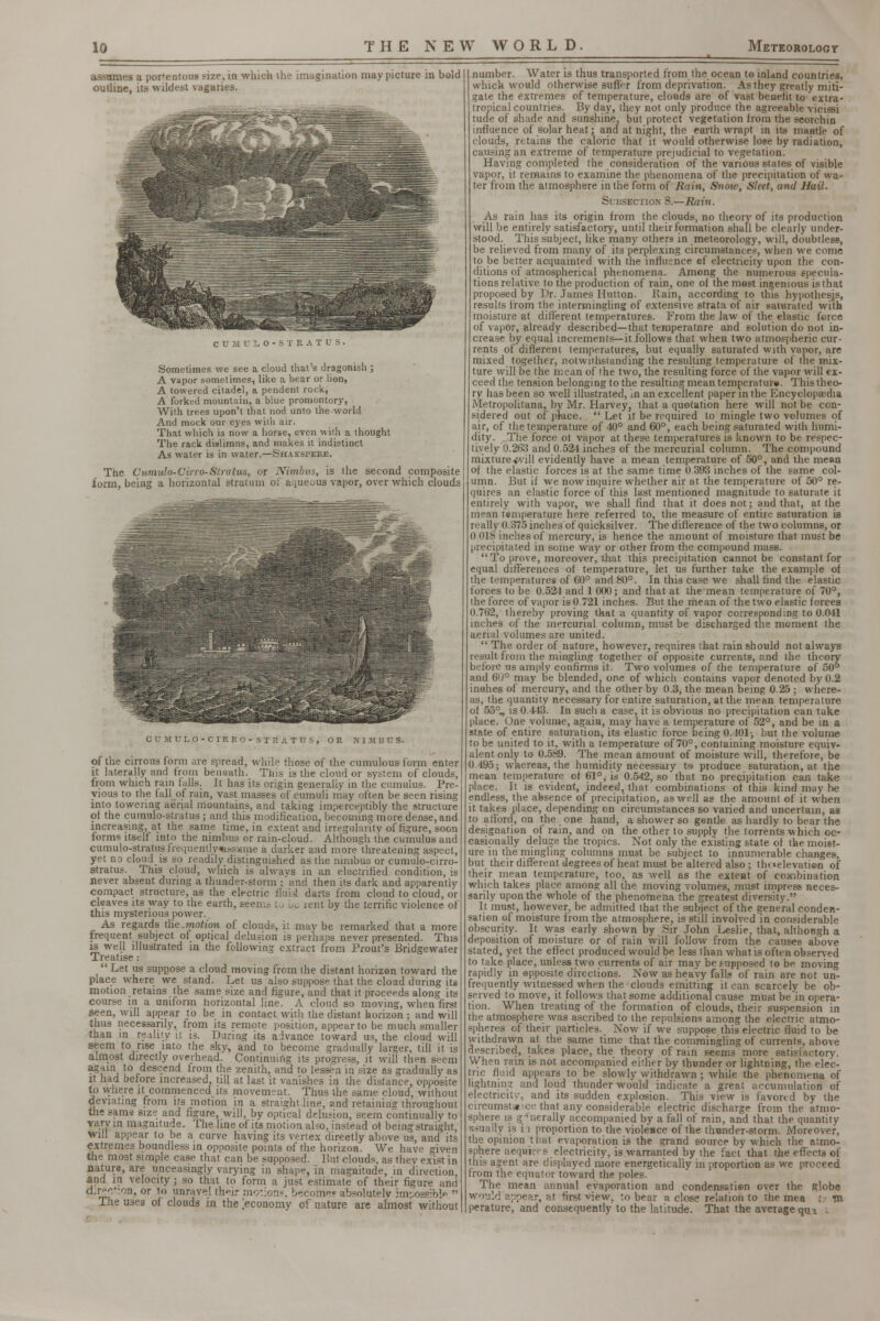 assumes a por'entous size, in which ihe imagination may picture in bold outline, its wildest vagaries. c 0 M r l o - s x K a tus. Sometimes we see a cloud that's dragonish ; A vapor sometimes, like a bear or lion, A towered citadel, a pendent rock, A forked mountain, a blue promontory, With trees upon't that nod unto the world And mock our eyes with air. That which is now a horse, even with a thought The rack dislimns, and makes it indistinct As water is in water.—Shakspere. The Cumulo-Cirro-Stratus, or Nimbus, is the second composite form, being a horizontal stratum of aqueous vapor, over which clouds CUMULO-CIRRO- STRATUS, OR NIMBUS. of the cirrous form are spread, while those of the cumulous form enter it laterally and from beneath. This is the cloud or system of clouds, from which rain falls. It has its origin generally in the cumulus. Pre- vious to the fall of rain, vast masses of cumuli may often be seen rising into towering aerial mountains, and taking imperceptibly the structure of the cumulo-stratus ; and this modification, becoming more dense, and increasing, at the same time, in extent and irregularity of figure, soon forms itself into the nimbus or rain-cloud. Although the cumulus and cumulo-stratus frequent!v^same a darker and more threatening aspect, yet no cloud is so readily distinguished as the nimbus or cumulo-cirro- stratus. This cloud, which is always in an electrified condition, is never absent during a thunder-storm : and then its dark and apparently compact structure, as the electric fluid dans from cloud to cloud, or cleaves Us way to the earth, seems lo la rent by the terrific violence of this mysterious power. As regards tlie.motion of clouds, it may be remarked that a more frequent subject of optical delusion is perhaps never presented. This is well illustrated in the following extract from Prout's Bridgewater Treatise:  Let us suppose a cloud moving from the distant horizon toward the place where we stand. Let us also suppose that the cload during its motion retains the same size and figure, and that it proceeds along its course in a uniform horizontal line. A cloud so moving, when first seen, will appear to be in contact with the distant horizon ; and will thus necessarily, from its remote position, appear to be much smaller than in reality it is. Daring its advance toward us, the cloud will seem to rise into the sky, and to become gradually larger, till it is almost directly overhead. Continuing its progress, it will then seem again to descend from the zenith, and to lessen in size as gradually as it had before increased, till at last it vanishes in the distance, opposite to where it commenced its movement. Thus the same cloud, without deviating from its motion in a straight line, and retaining throughout the same size and figure, will, by optical delusion, seem continually to vary m magnitude. The line of its motion also, instead of being straight, will appear to be a curve having its vertex directly above us, and its extremes boundless in opposite points of the horizon. We have given the most simple case that can be supposed. But clouds, as they exist in nature, are unceasingly varying in shape, in magnitude, in direction, and in velocity; so that to form a just estimate of their figure and d;r»c*:on, or to unravel their motions, becomes absolutely nnposifok  The uses of clouds in the economy of nature are almost without number. Water is thus transported from the ocean to inland countries, which would otherwise suffer from deprivation. As they greatly miti- gate the extremes of temperature, clouds are of vast benefit to extra- tropical countries. By day, they not only produce the agreeable vicissi tucle of shade and sunshine, but protect vegetation from the scorchin influence of solar heat; and at night, the earth wrapt in its mantle of clouds, retains the caloric that it would otherwise lose by radiation, causing an extreme of temperature prejudicial to vegetation. Having completed the consideration of the various 6tates of visible vapor, it remains to examine the phenomena of the precipitation of wa- ter from the atmosphere in the form of Rain, Snow, Sleet, and Hail. ection 8.—Rain. As rain has its origin from the clouds, no theory of its production will be entirely satisfactory, until their formation shall be clearly under- stood. This subject, like many others in meteorology, will, doubtless, be relieved from many of its perplexing circumstances, when we come to be better acquainted with the influence ef electricity upon the con- ditions of atmospherical phenomena. Among the numerous specula- tions relative to the production of rain, one of the most ingenious is that proposed by Dr. James Mutton, llain, according to this hypothesjs, results from the intermingling of extensive strata of air saturated with moisture at different temperatures. From the law of the elastic force of vapor, already described—that temperatnre and solution do not in- crease by equal increments—it follows that when two atmospheric cur- rents of different temperatures, but equally saturated with vapor, are mixed together, notwithstanding the resulting temperature of the mix- ture will be the mean of the two, the resulting force of the vapor will ex- ceed the tension belonging to the resulting mean temperature. This theo- ry has been so well illustrated, in an excellent paper in the Encyclopaedia Metropolitana, by Mr. Harvey, that a quotation here will not be con- sidered out of place.  Let it be required to mingle two volumes of air, of the temperature of 40° and 60°, each being saturated with humi- dity. The force ot vapor at these temperatures is known to be respec- tively 0.263 and 0.524 inches of the mercurial column. The compound mixture <vill evidently have a mean temperature of 50°, and the mean of the elastic forces is at the same time 0 393 inches of the same col- umn. But if we now inquire whether air at the temperature of 50° re- quires an elastic force of this last mentioned magnitude to saturate it entirely with vapor, we shall find that it does not; and that, at the mean temperature here referred to, the measure of entire saturation is really 0.375 inches of quicksilver. The difference of the two columns, or 0.018 inches of mercury, is hence the amount of moisture that must be precipitated in some way or other from the compound mass. To prove, moreover, that this precipitation cannot be constant for equal differences of temperature, let us further take the example of the temperatures of 60° and 80°. In this case we shall find the elastic forces to be 0.524 and 1 (XX); and that at the mean temperature of 70°, the force of vapor is 0.721 inches. But the mean of the two elastic forces 0.7tj2, thereby proving that a quantity of vapor corresponding to 0.041 inches of the mercurial column, must be discharged the moment the aerial volumes are united.  The order of nature, however, requires that rain should not always result from the mingling together of opposite currents, and the theory before us amply confirms it. Two volumes of the temperature of 50° and 60° may be blended, one of which contains vapor denoted by 0.2 inches of mercury, and the other by 0.3, the mean being 0.25 ; where- as, the quantity necessary for entire saturation, at the mean temperature of 55°, is 0.443. In such a case, it is obvious no precipitation can take place. One volume, again, may have a temperature of 52°, and be in a state of entire saturation, its elastic force being 0.401; but the volume to be united to it, with a temperature of 70°, containing moisture equiv- alent only to 0.589. The mean amount of moisture will, therefore, be 0.495; whereas, the humidity necessary to produce saturation, at the mean temperature of 61°, is 0.542, so that no precipitation can take place. It is evident, indeed, that combinations of this kind may be endless, the absence of precipitation, as well as the amount of it when it takes place, depending on circumstances so varied and uncertain, as to afford, on the one hand, a shower so gentle as hardly to bear the designation of rain, and on the other to supplv the torrents which oc- casionally deluge the tropics. Not only the existing state of the moist- ure in the mingling columns must be subject to innumerable changes, but their different degrees of heat must be altered also; thoelevatien of their mean temperature, too, as well as the extent of combination which takes place among all the moving volumes, must impress, neces- sarily upon the whole of the phenomena the greatest diversity. It must, however, be admitted that the subject of the general conden- sation of moisture from the atmosphere, is still involved in considerable obscurity. It was early shown by Sir John Leslie, that, although a deposition of moisture or of rain will follow from the causes above stated, yet the effect produced would be less than what is often observed to take place, unless two currents of air may be supposed to be moving rapidly in opposite directions. Now as heavy falls of rain are not un- frequently witnessed when the clouds emitting it can scarcely be ob- served to move, it follows that some additional cause must be in opera- tion. When treating of the formation of clouds, their suspension in the atmosphere was ascribed to the repulsions among the electric atmo- spheres of their particles. Now if we suppose this electric fluid to be withdrawn at the same time that the commingling of currents, above described, takes place, the theory of rain seems more satisfactory. When rain is not accompanied either by thunder or lightning, the elec- tric fluid appears to be slowly withdrawn ; while the phenomena of lightning and loud thunder would indicate a great accumulation of electricity, and its sudden explosion. This view is favored by the circumst»ee that any considerable electric discharge from the atmo- sphere is generally accompanied by a fall of rain, and that the quantity is. ii proportion to the violence of the thunder-storm. Moreover, the opinion t hat evaporation is the grand source by which the atmo- sphere acquires electricity, is warranted by the fact that the effects of this agent are displayed more energetically in proportion as we proceed from the equator toward the poles. The mean annual evaporation and condensation over the globe would appear, at first view, to bear a close relation to the mea l m perature, and consequently to the latitude. That the average qm i