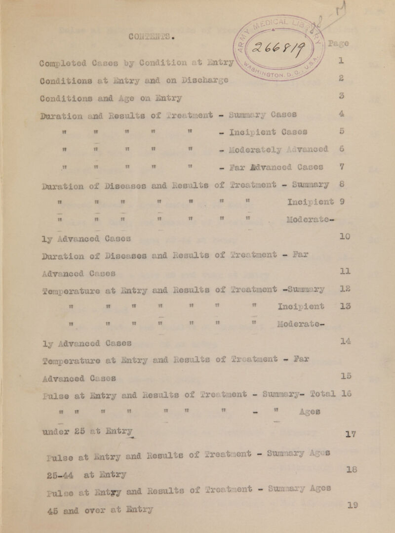 COi^EEJS. Completed Cases by Condition at Entry Conditions at Entry and on Discimrje Conditions and Age on Entry Duration and Results of treatment - PBUPliry Cases « » - Incipient Casos ■ ■ ■ - Moderately Aavanced 6 * ■ ■ - fmx Advanced Cases 7 Duration of Diseases and Hesuits of treatment - Summary 8 n ti n »t « ■ Incipient 9 « r » « n Moderate- ly Advanced Casea 10 Duration of Discuses and Results of treatment - Far Advanced DtStl 13- Je H.erature at Entry and Results of treatment -Suzamary 12 « ■ * ■ ■ ■ Incipient 13 IT II II B V Moderate- 14 tment - Far ly Advanced Cases temperature at Entry and Results of 2} Advanced Cases 15 Tula* at Entry and Results of jIxo- .tment - Summary- i'otal 16 ■ IT IT II tl « ■ A::?:es under 25 at Entry 17 ulse at Entry and Results of oireataont - Sum mary s 25-44 at Entry 18 Pulse at Entyy and Results of treatment - Summary Ages 45 and over at Entry 19