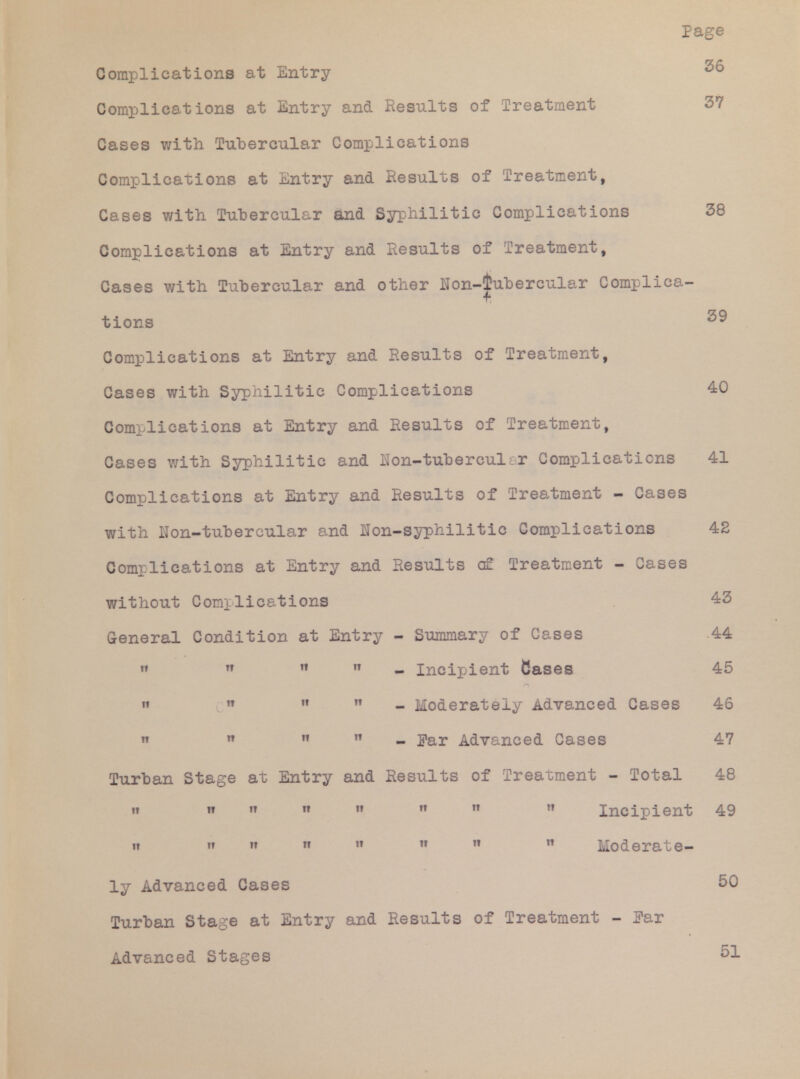 Page Complications at Entry 36 Complications at Entry and Results of Treatment 37 Cases with Tubercular Complications Complications at Entry and Results of Treatment, Cases with Tubercular and Syphilitic Complications 38 Complications at Entry and Results of Treatment, Cases with Tubercular and other Hon-|ubercular Complica- tions 39 Complications at Entry and Results of Treatment, Cases with Syphilitic Complications 40 Complications at Entry and Results of Treatment, Cases with Syphilitic and Hon-tuberculcr Complications 41 Complications at Entry and Results of Treatment - Cases with Uon-tubercular and Hon-syphilitic Complications 42 Complications at Entry and Results of Treatment - Cases without Complications 43 General Condition at Entry - Summary of Cases 4 « «   - Incipient Cases 4 » »   - Moderately Advanced Cases 4 « «   Far Advanced Cases A Turban Stage at Entry and Results of Treatment - Total A tt u it n it ii it ii Incipient < ii »  »    n Moderate- ly Advanced Cases ' Turban Sta^e at Entry and Results of Treatment - Far Advanced Stages