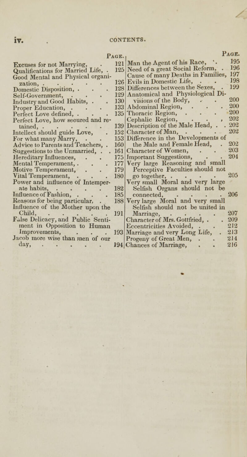 / IV. CONTENTS. Excuses for not Marrying, Qualifications for Married Life, . Good Mental and Physical organi- zation, . . . Domestic Disposition, . Self-Government, . . Industry and Good Habits, . Proper Education, . Perfect Love defined, . Perfect Love, how secured and re- tained, Intellect should guide Love, For what many Marry, Advice to Parents and Teachers, . Suggestions to the Unmarried, . . Hereditary Influences, Mental Temperament,. Motive Temperament, Vital Temperament, . Power and influence of Intemper- ate habits, .... Influence of Fashion, . lleasons for being particular, . Influence of the Mother upon the Child, False Delicacy, and Public Senti- ment in Opposition to Human Improvements, Jacob more wise than men of our day, Page. 121 . 125 126 128 129 130 133 135 139 152 153 160 161 175 177 179 180 182 185 188 191 Page. Man the Agent of his Race, '. 195 Need of a great Social Reform, . 196 Cause of many Deaths in Families, 197 Evils in Domestic Life, . . 198 Differences between the Sexes, . 199 Anatomical and Physiological Di- visions of the Body, . . 200 Abdominal Region, . . . 200 Thoracic Region, . . .200 Cephalic Region, . . ,202 Description of the Male Head, . . 202 CiiaracterofMan, . . . 202 Difference in the Developments of the Male and Female Head, . 202 Character of Women, . . 203 Important Suggestions, . . 204 Very large Reasoning and small Perceptive Faculties should not go together, .... 205 Very small Moral and very large Selfish Organs should not be connected, .... 206 Very large Moral and very small Selfish should not be united in Marriage, .... 207 Characterof Mrs. Gottfried, . . 209 Eccentricities Avoided, . . 212 Marriage and very Long Life, . 213 Progeny of Great Men, . . 214 Chances of Marriage, . . 216