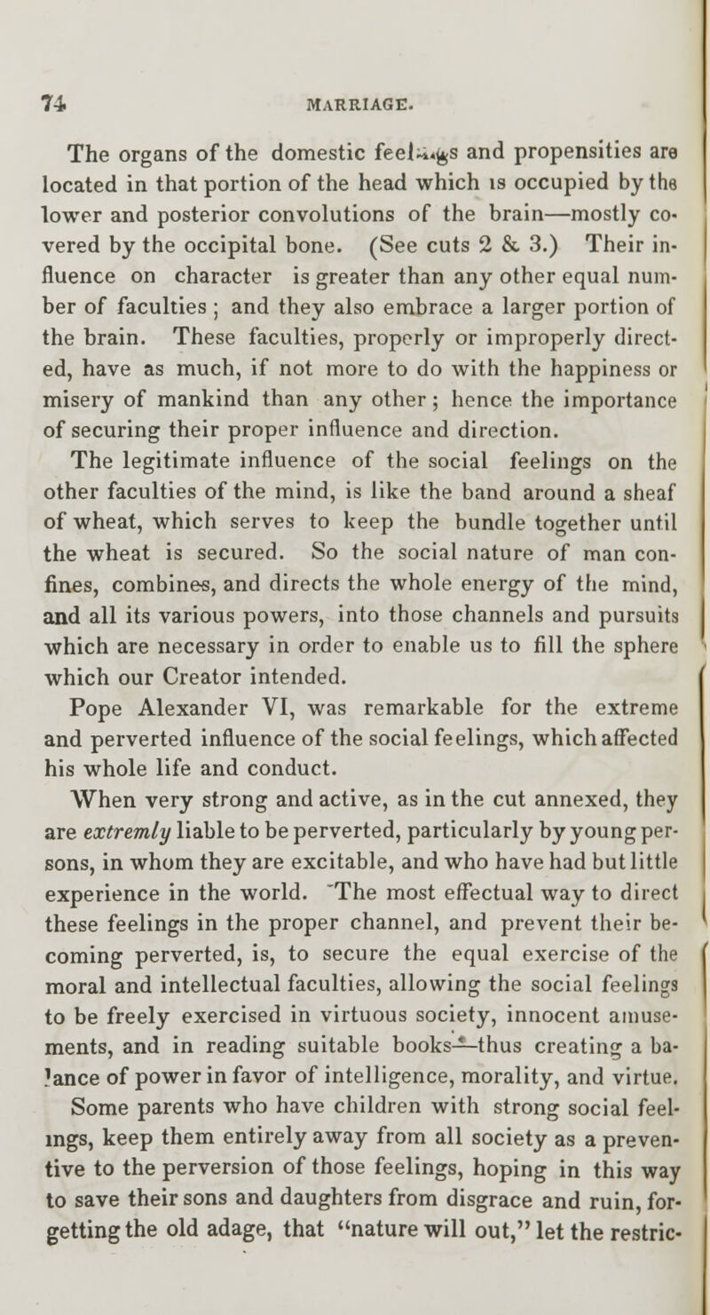 The organs of the domestic feelii*fes and propensities are located in that portion of the head which is occupied by the lower and posterior convolutions of the brain—mostly cO' vered by the occipital bone. (See cuts 2 & 3.) Their in- fluence on character is greater than any other equal num- ber of faculties ; and they also embrace a larger portion of the brain. These faculties, properly or improperly direct- ed, have as much, if not more to do with the happiness or misery of mankind than any other; hence the importance of securing their proper influence and direction. The legitimate influence of the social feelings on the other faculties of the mind, is like the band around a sheaf of wheat, which serves to keep the bundle together until the wheat is secured. So the social nature of man con- fines, combines, and directs the whole energy of the mind, and all its various powers, into those channels and pursuits which are necessary in order to enable us to fill the sphere which our Creator intended. Pope Alexander VI, was remarkable for the extreme and perverted influence of the social feelings, which affected his whole life and conduct. When very strong and active, as in the cut annexed, they are extremly liable to be perverted, particularly by young per- sons, in whom they are excitable, and who have had but little experience in the world. 'The most effectual way to direct these feelings in the proper channel, and prevent their be- coming perverted, is, to secure the equal exercise of the moral and intellectual faculties, allowing the social feelings to be freely exercised in virtuous society, innocent amuse- ments, and in reading suitable books-^thus creating a ba- lance of power in favor of intelligence, morality, and virtue. Some parents who have children with strong social feel- ings, keep them entirely away from all society as a preven- tive to the perversion of those feelings, hoping in this way to save their sons and daughters from disgrace and ruin, for- getting the old adage, that nature will out, let the restric-