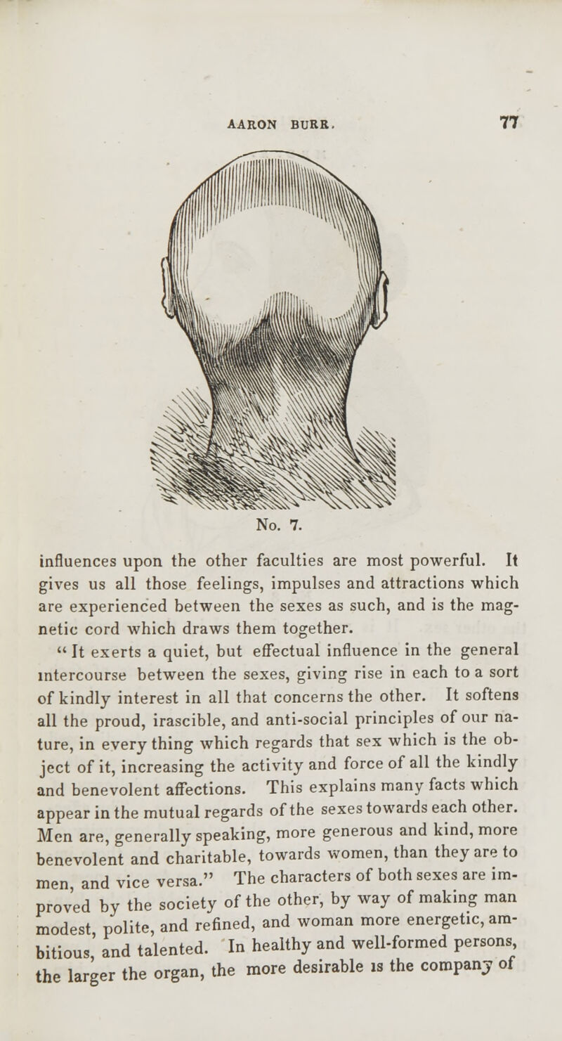 No. 7. influences upon the other faculties are most powerful. It gives us all those feelings, impulses and attractions which are experienced between the sexes as such, and is the mag- netic cord which draws them together. It exerts a quiet, but eflfectual influence in the general mtercourse between the sexes, giving rise in each to a sort of kindly interest in all that concerns the other. It softens all the proud, irascible, and anti-social principles of our na- ture, in everything which regards that sex which is the ob- ject of it, increasing the activity and force of all the kindly and benevolent affections. This explains many facts which appear in the mutual regards of the sexes towards each other. Men are, generally speaking, more generous and kind, more benevolent and charitable, towards women, than they are to men, and vice versa. The characters of both sexes are im- proved by the society of the other, by way of making man modest polite, and refined, and woman more energetic, am- bitious, and talented. In healthy and well-formed persons the larger the organ, the more desirable is the companj of
