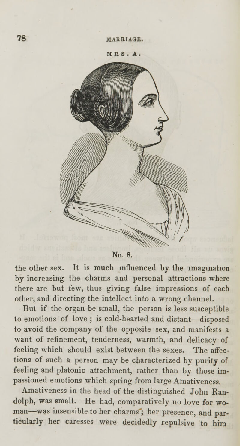 No. 8. the other sex. It is much influenced by the imagination by increasing the charms and personal attractions where there are but few, thus giving false impressions of each other, and directing the intellect into a w^rong channel. But if the organ be small, the person is less susceptible to emotions of love ; is cold-hearted and distant—disposed to avoid the company of the opposite sex, and manifests a want of refinement, tenderness, warmth, and delicacy of feeling which should exist between the sexes. The affec- tions of such a person may be characterized by purity of feeling and platonic attachment, rather than by those im- passioned emotions which spring from large Amativeness. Amativeness in the head of the distinguished John Ran- dolph, was small. He had, comparatively no love for wo- man—was insensible to her charms'; her presence, and par- ticularly her caresses were decidedly repulsive to him