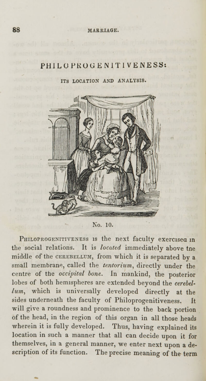PHlLOPKOGENn I VEJNESS; ITS LOCATION AND ANALYSIS. No. 10. Philoprogenitiveness is the next faculty exercisea m the social relations. It is located immediately above tne middle of the cerebellum, from which it is separated by a small membrane, called the tentorium, directly under the centre of the occipital bone. In mankind, the posterior lobes of both hemispheres are extended beyond the cerebel- lum, which is universally developed directly at the sides underneath the faculty of Philoprogenitiveness. It will give a roundness and prominence to the back portion of the head, in the region of this organ in all those heads wherein it is fully developed. Thus, having explained its location in such a manner that all can decide upon it for themselves, in a general manner, we enter next upon a de- scription of its function. The precise meaning of the term