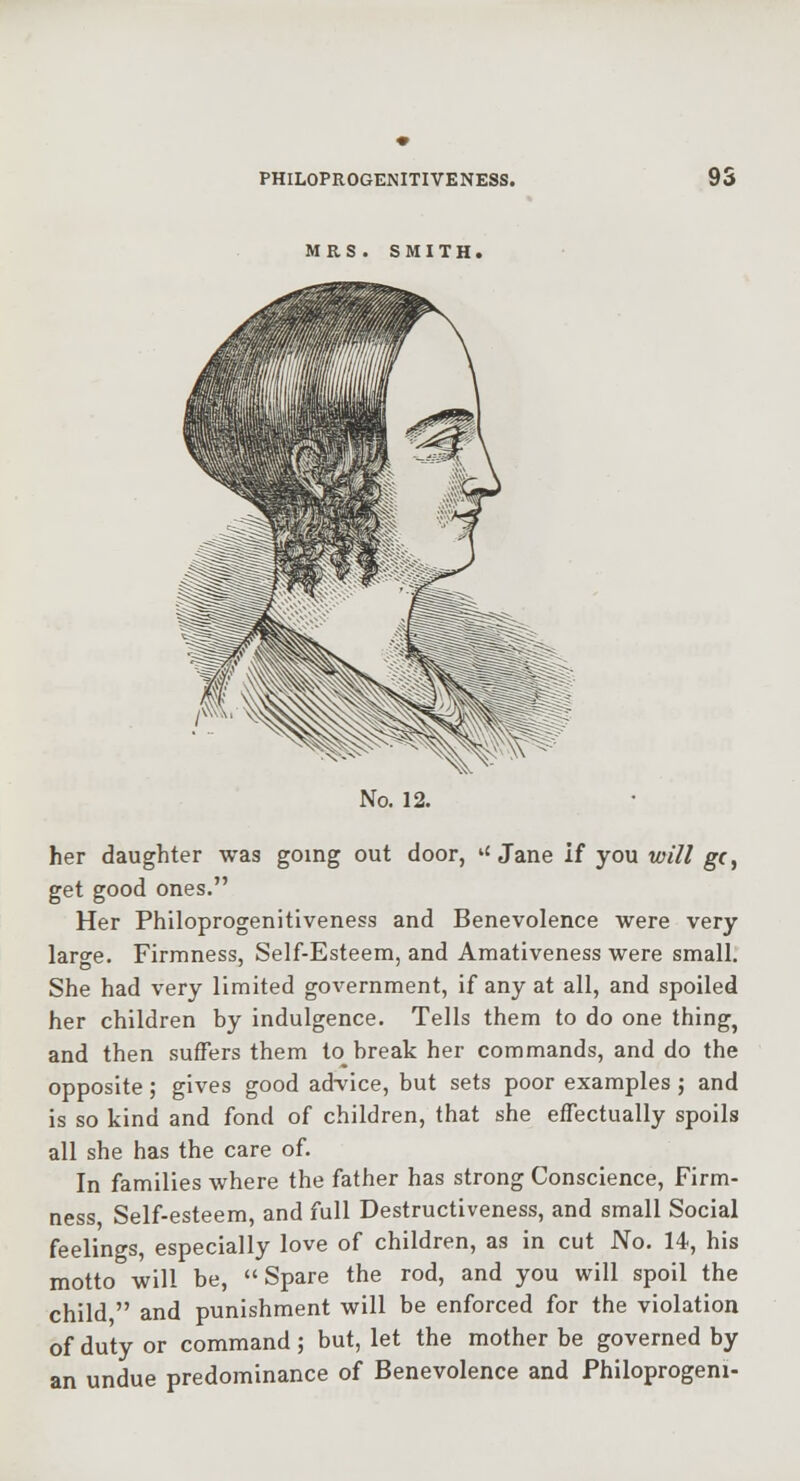 MRS. SMITH. No. 12. her daughter was going out door, '' Jane if you will gc, get good ones. Her Philoprogenitiveness and Benevolence were very large. Firmness, Self-Esteena, and Amativeness were small: She had very limited government, if any at all, and spoiled her children by indulgence. Tells them to do one thing, and then suffers them to break her commands, and do the opposite; gives good ad-vice, but sets poor examples j and is so kind and fond of children, that she effectually spoils all she has the care of. In families where the father has strong Conscience, Firm- ness Self-esteem, and full Destructiveness, and small Social feelings, especially love of children, as in cut No. 14, his motto will be, Spare the rod, and you will spoil the child and punishment will be enforced for the violation of duty or command; but, let the mother be governed by an undue predominance of Benevolence and Philoprogeni-