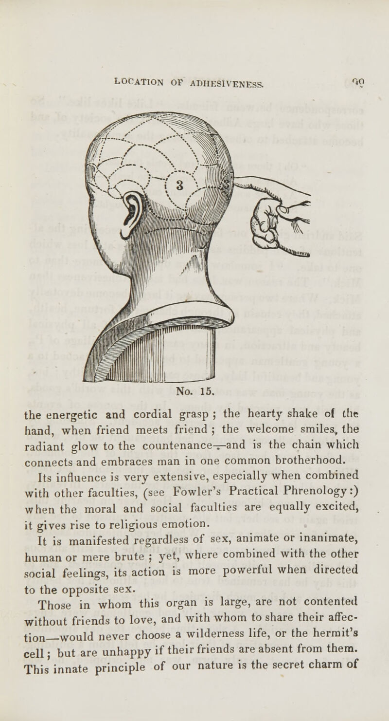 LOCATION OP ADIIESIVENKSS. no the energetic and cordial grasp ; the hearty shake of ihe hand, when friend meets friend ; the welcome smiles, the radiant glow to the countenance-r-and is the chain which connects and embraces man in one common brotherhood. Its influence is very extensive, especially when combined with other faculties, (see Fowler's Practical Phrenology:) when the moral and social faculties are equally excited, it gives rise to religious emotion. It is manifested regardless of sex, animate or inanimate, human or mere brute ; yet, where combined with the other social feelings, its action is more powerful when directed to the opposite sex. Those in whom this organ is large, are not contented without friends to love, and with whom to share their affec- tion would never choose a wilderness life, or the hermit's cell • but are unhappy if their friends are absent from them. This innate principle of our nature is the secret charm of