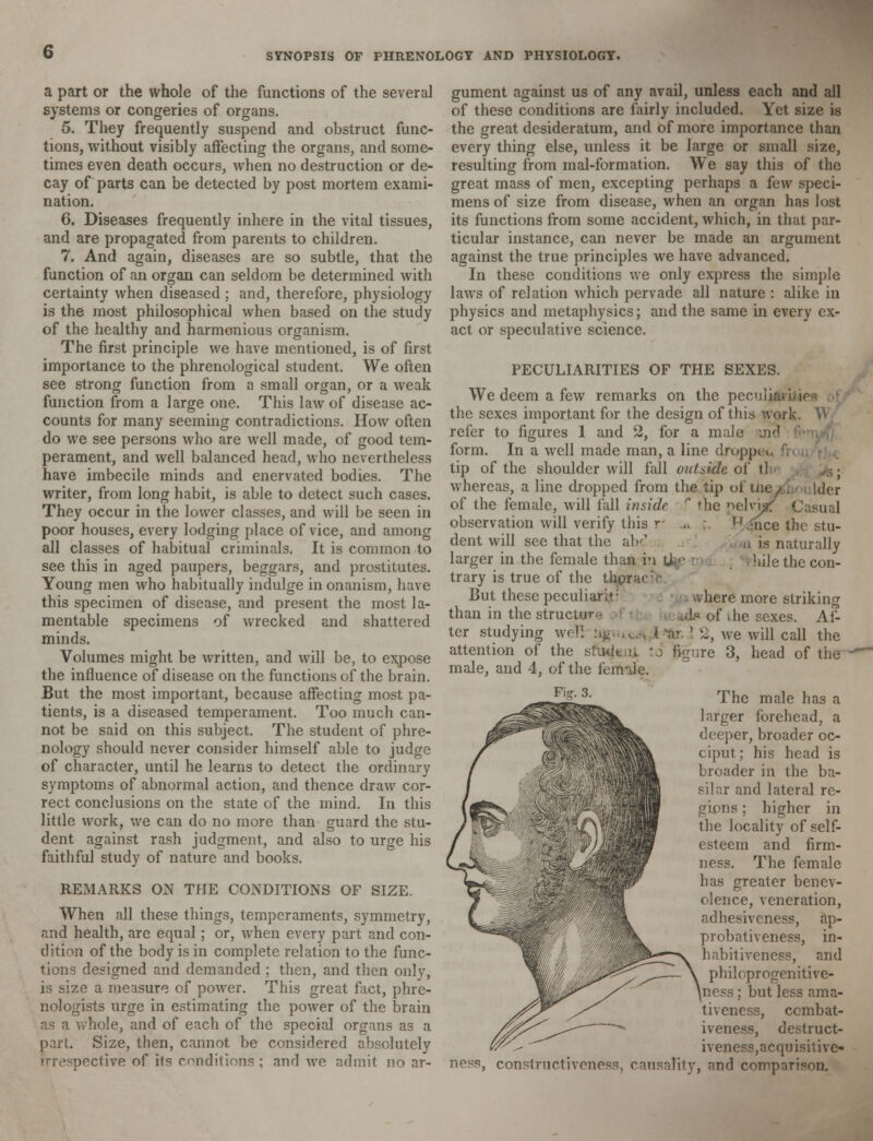 a part or the whole of the functions of the several systems or congeries of organs. 5. They frequently suspend and obstruct func- tions, without visibly affecting the organs, and some- times even death occurs, when no destruction or de- cay of parts can be detected by post mortem exami- nation. 6. Diseases frequently inhere in the vital tissues, and are propagated from parents to children. 7. And again, diseases are so subtle, that the function of an organ can seldom be determined with certainty when diseased ; and, therefore, physiology is the most philosophical when based on the study of the healthy and harmonious organism. The first principle we have mentioned, is of first importance to the phrenological student. We often see strong function from a small organ, or a weak function from a large one. This law of disease ac- counts for many seeming contradictions. How often do we see persons who are well made, of good tem- perament, and well balanced head, who nevertheless have imbecile minds and enervated bodies. The writer, from long habit, is able to detect such cases. They occur in the lower classes, and will be seen in poor houses, every lodging place of vice, and among all classes of habitual criminals. It is common to see this in aged paupers, beggars, and prostitutes. Young men who habitually indulge in onanism, have this specimen of disease, and present the most la- mentable specimens of wrecked and shattered minds. Volumes might be written, and will be, to expose the influence of disease on the functions of the brain. But the most important, because affecting most pa- tients, is a diseased temperament. Too much can- not be said on this subject. The student of phre- nology should never consider himself able to judge of character, until he learns to detect the ordinary symptoms of abnormal action, and thence draw cor- rect conclusions on the state of the mind. In this little work, we can do no more than guard the stu- dent against rash judgment, and also to urge his faithful study of nature and books. REMARKS ON THE CONDITIONS OF SIZE. When all these things, temperaments, symmetry, and health, are equal; or, when every part and con- dition of the body is in complete relation to the func- tions designed and demanded ; then, and then only, is size a measure of power. This great fact, phre- nologists urge in estimating the power of the brain as a whole, and of each of the special organs as a part. Size, then, cannot be considered absolutely nective of its condilions ; and we admit no ar- gument against us of any avail, unless each and all of these conditions are fairly included. Yet size is the great desideratum, and of more importance than every thing else, unless it be large or small size, resulting from mal-formation. We say this of the great mass of men, excepting perhaps a few speci- mens of size from disease, when an organ has lost its functions from some accident, which, in that par- ticular instance, can never be made an argument against the true principles we have advanced. In these conditions we only express the simple laws of relation which pervade all nature : alike in physics and metaphysics; and the same in every ex- act or speculative science. PECULIARITIES OF THE SEXES. We deem a few remarks on the peculiar! • the sexes important for the design of this work. W refer to figures 1 and 2, for a male ind form. In a well made man, a line droppc. tip of the shoulder will fall outside of tl whereas, a line dropped from the tip of me/,; i lder of the female, will fall inside ? the nelvi^: Casual observation will verify this r ., H /-nee the stu- dent will see that the abd is naturally larger in the female than in 0 <- !iile the con- trary is true of the thprv But these pcculiu- .here more striking than in the structuv |. 0f t|lc cCxes_ Af- ter studying well rigi 2, we will call the attention of the studt itf id figure 3, head of the male, and 4, of the female. The male has a larger forehead, a deeper, broader oc- ciput ; his head is broader in the ba- silar and lateral re- gions ; higher in the locality of self- esteem and firm- ness. The female has greater benev- olence, veneration, adhesiveness, ap- probativeness, in- habitivencss, and philoprogenitive- \ness; but less ama- tiveness, ccmbat- iveness, destruct- iveness,acquisitive- ness, constructivenpss, causality, and comparison.