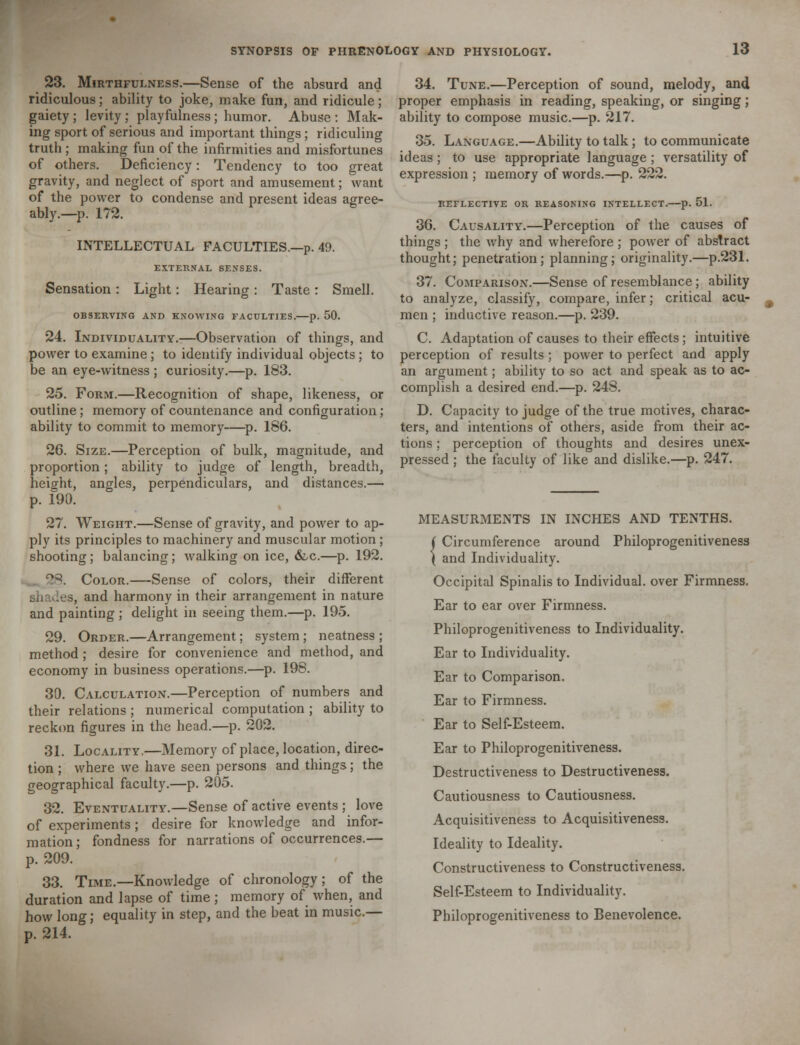 23. Mirthfulness.—Sense of the absurd and ridiculous; ability to joke, make fun, and ridicule; gaiety ; levity ; playfulness ; humor. Abuse : Mak- ing sport of serious and important things; ridiculing truth ; making fun of the infirmities and misfortunes of others. Deficiency: Tendency to too great gravity, and neglect of sport and amusement; want of the power to condense and present ideas agree- ably.—p. 172. INTELLECTUAL FACULTIES.—p. 49. EXTERNAL SENSES. Sensation : Light: Hearing : Taste : Smell. OBSERVING AND KNOWING FACULTIES.—p. 50. 24. Individuality.—Observation of things, and power to examine ; to identify individual objects ; to be an eye-witness ; curiosity.—p. 183. 25. Form.—Recognition of shape, likeness, or outline; memory of countenance and configuration; ability to commit to memory—p. 186. 26. Size.—Perception of bulk, magnitude, and proportion; ability to judge of length, breadth, height, angles, perpendiculars, and distances.— p. 190. 27. Weight.—Sense of gravity, and power to ap- ply its principles to machinery and muscular motion; shooting; balancing; walking on ice, &,c.—p. 192. 28. Color.—Sense of colors, their different !es, and harmony in their arrangement in nature and painting ; delight in seeing them.—p. 195. 29. Order.—Arrangement; system ; neatness ; method; desire for convenience and method, and economy in business operations.—p. 198. 30. Calculation.—Perception of numbers and their relations ; numerical computation ; ability to reckon figures in the head.—p. 202. 31. Locality.—Memory of place, location, direc- tion ; where we have seen persons and things; the geographical faculty.—p. 205. 32. Eventuality.—Sense of active events ; love of experiments; desire for knowledge and infor- mation; fondness for narrations of occurrences.— p. 209. 33. Time.—Knowledge of chronology ; of the duration and lapse of time; memory of when, and how long; equality in step, and the beat in music.— p. 214. 34. Tune.—Perception of sound, melody, and proper emphasis in reading, speaking, or singing; ability to compose music.—p. 217. 35. Language.—Ability to talk; to communicate ideas; to use appropriate language; versatility of expression ; memory of words.—p. 222. REFLECTIVE OR REASONING INTELLECT.—p. 51. 36. Causality.—Perception of the causes of things ; the why and wherefore ; power of abstract thought; penetration; planning; originality.—p.231. 37. Comparison.—Sense of resemblance; ability to analyze, classify, compare, infer; critical acu- men ; inductive reason.—p. 239. C. Adaptation of causes to their effects ; intuitive perception of results ; power to perfect and apply an argument; ability to so act and speak as to ac- complish a desired end.—p. 248. D. Capacity to judge of the true motives, charac- ters, and intentions of others, aside from their ac- tions ; perception of thoughts and desires unex- pressed ; the faculty of like and dislike.—p. 247. MEASURMENTS IN INCHES AND TENTHS. ( Circumference around Philoprogenitiveness ( and Individuality. Occipital Spinalis to Individual, over Firmness. Ear to ear over Firmness. Philoprogenitiveness to Individuality. Ear to Individuality. Ear to Comparison. Ear to Firmness. Ear to Self-Esteem. Ear to Philoprogenitiveness. Destructiveness to Destructiveness. Cautiousness to Cautiousness. Acquisitiveness to Acquisitiveness. Ideality to Ideality. Constructiveness to Constructiveness. Self-Esteem to Individuality. Philoprogenitiveness to Benevolence.
