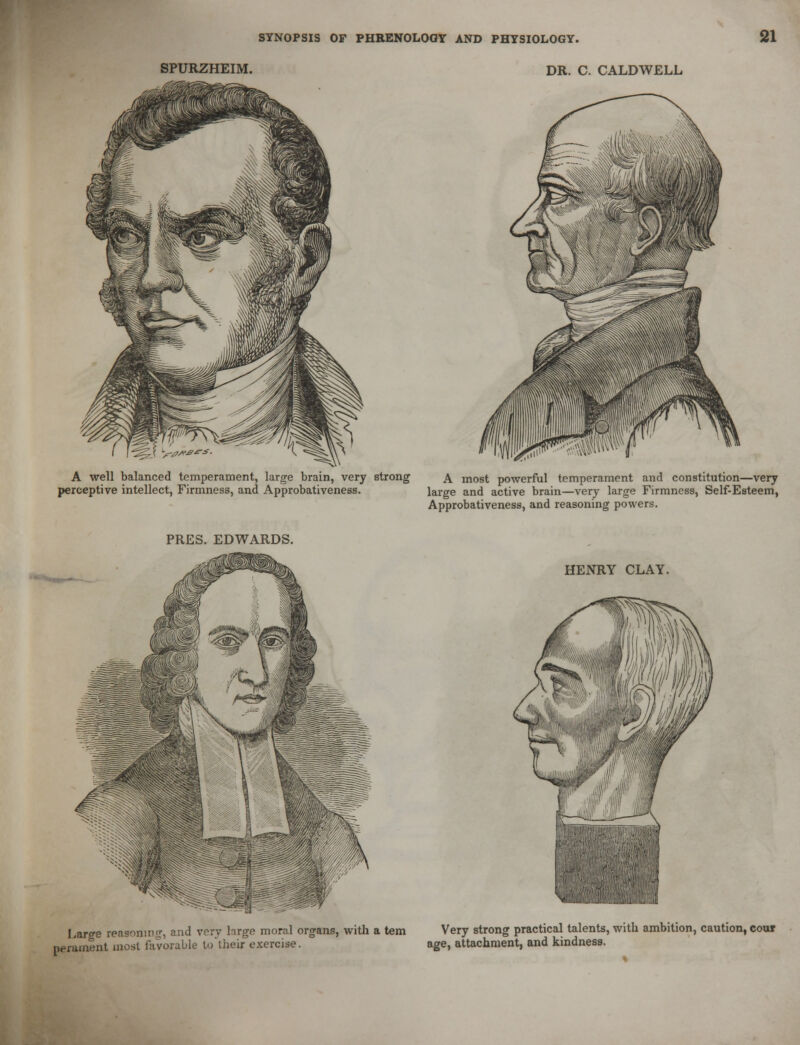 SPURZHEIM. DR. C. CALDWELL A well balanced temperament, large brain, very strong \ most powerful temperament and constitution—very perceptive intellect, Firmness, and Approbativeness. large and active brain—very large Firmness, Self-Esteem, Approbativeness, and reasoning powers. PRES. EDWARDS. HENRY CLAY. Mffli;, iffcJtaS ;!iii Larue reasoning, and very large moral organs, with a tem Very strong practical talents, with ambition, caution, cou* perament most favorable to theix exercise. age, attachment, and kindness.