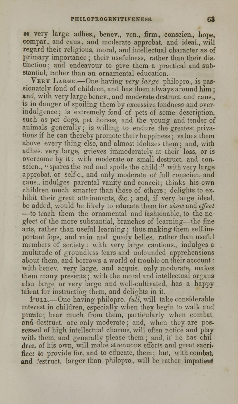 Of very large adhes., benev., ven., firm., conscien., hope, compar., and caus., and moderate approbat. and ideal., will regard their religious, moral, and intellectual character as of primary importance ; their usefulness, rather than their dis- tinction ; and endeavour to give them a practical and sub- stantial, rather than an ornamental education. Very Large.—One having very large philopro., is pas- sionately fond of children, and has them always around him ; and, with very large benev., and moderate destruct. and caus., is in danger of spoiling them by excessive fondness and over- indulgence ; is extremely fond of pets of some description, such as pet dogs, pet horses, and the young and tender of animals generally; is willing to endure the greatest priva- tions if he can thereby promote their happiness; values them above every thing else, and almost idolizes them; and, with adhes. very large, grieves immoderately at their loss, or is overcome by it: with moderate or small destruct. and con- scien.,  spares the rod and spoils the child : with very large approbat. or self-e., and only moderate of full conscien. and caus., indulges parental vanity and conceit; thinks his own children much smarter than those of others; delights to ex- hibit their great attainments, &c.; and, if very large ideal, be added, would be likely to educate them for show and effect —to teach them the ornamental and fashionable, to the ne- glect of the more substantial, branches of learning—the fine arts, rather than useful learning ; thus making them self-im- portant fops, and vain and guady belles, rather than useful members of society: with very large cautious., indulges a multitude of groundless fears and unfounded apprehensions about them, and borrows a world of trouble on their account: with benev. very large, and acquis, only moderate, makes them many presents ; with the moral and intellectual organs also large or very large and well-cultivated, has a happy talent for instructing them, and delights in it. IruLL.—One having philopro. full, will take considerable interest in children, especially when they begin to walk and prattle; bear much from them, particularly when combat. and destruct. are only moderate; and, when they are pos- sessed of high intellectual charms, will often notice and play witki them, and generally please them; and, if he has chil dreij of his own, will make strenuous efforts and great sacri- fices io provide for, and to educate, them; but, with combat. and .'estruct. larger than philopro., will be rather impatient
