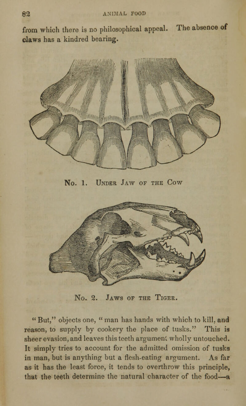 from which there is no philosophical appeal. The absence of claws has a kindred bearing. No. 1. Under Jaw of the Cow No. 2. Jaws of the Tiger.  But, objects one,  man has hands with which to kill, and reason, to supply by cookery the place of tusks. This is sheer evasion, and leaves this teeth argument wholly untouched. It simply tries to account for the admitted omission of tusks in man, but is anything but a flesh-eating argument. As far as it has the least force, it tends to overthrow this principle, that the teeth determine the natural character of the food—a