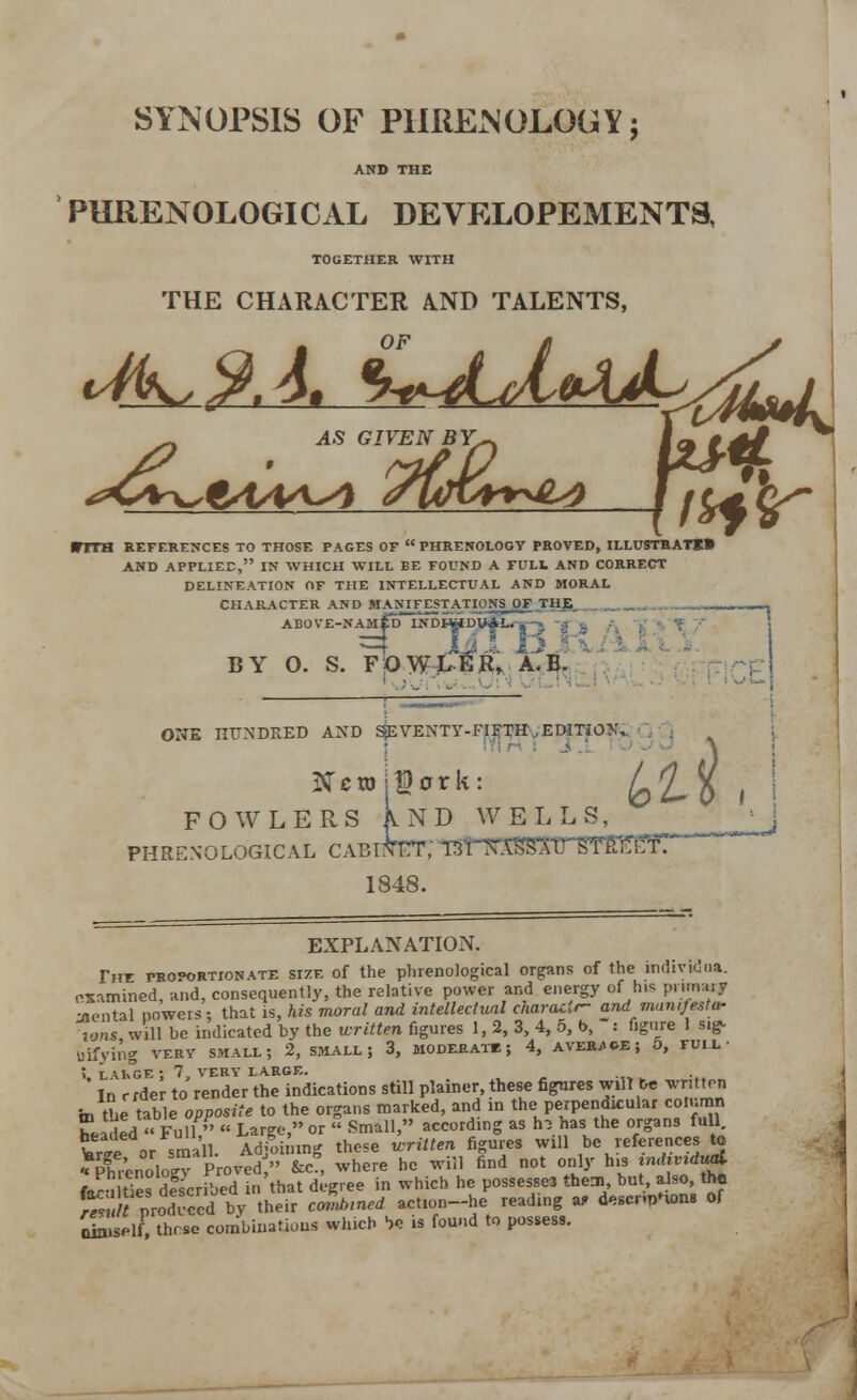 SYNOPSIS OF PHRENOLOGY; AND THE PHRENOLOGICAL DEVELOPEMENTS, TOGETHER WITH THE CHARACTER AND TALENTS, AS GIVEN BY^ §9 LfL CTTH REFERENCES TO THOSE PAGES OF  PHRENOLOGY PROVED, ILLUSTRATE* AND APPLIED, IN WHICH WILL BE FOUND A FULl AND CORRECT DELINEATION OF THE INTELLECTUAL AND MORAL CHARACTER AND MAN^FESTATIONS_OF THE ABOVE-NAM Olf D IND^ID^L. ., =4 Jul Jp BY O. S. FOWLER, A.B. ONE mrNDRED AND SEVENTY-FIFTH ,EDITJO>.\ FOWLERS AND WELLS, phrenological cabixTt; ISlTIIAilBAU HMUJET: 1848. EXPLANATION. The proportionate size of the phrenological organs of the indivWua. examined, and, consequently, the relative power and energy of h.s primary Mental iiowph; that is, his moral and intellectual characlt- and manifest* tons will be indicated by the written figures 1, 2, 3, 4, 5, b, : figure 1 si^ uifying very small; 2, small; 3, moderate ; 4, averse; 5, full !, LAKGE ; 7, VERY large. In crder to render the indications still plainer these figures wilt be written in the table opposite to the organs marked, and in the perpendicular column headedFull,  Large, or  Small, according as h:> has: the organs full we or small. Adjoining these written figures will be references to ^Phrenology Proved  &c?, where he will find not only his ™hvidu* for-, ties descried in that degree in which he possesses them but, also, the «,; nrodTccd bv their earned action-he reading a, (kscr.pUons of SirthrScCCombinatious which be is found to possess.