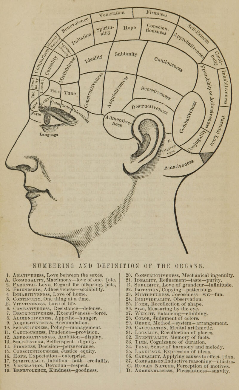 \ \ NUMBERING AND DEFINITION OF THE ORGANS. Amattveness, Love between the sexes. Conjugality, Matrimony—love of one. [etc. Parental Love, Regard for olfspring, pets, Friendship, Adhesiveness—sociability. Inhabitivenbss, Love of home. Continuity, One thing at a time. Vitativeness, Love of life. Combativeness. Resistance—defense. Im:m ki otiveness, Executiveness -force. Alimentivenebs, Appetite—hunger. Acquisitiveness, Accumulation. Shoretiveness, Policy—management. Cautiousness, Prudence—provision. Appro dative:* ess, Ambition—display. Self-Esteem, Self-respect -dignity. Firmness, Decision—perseverance. Conscientiousness, Justice equity. Hope, Expectation -enterprise. Spirituality, Intuition—faith—credulity. Veneration, Devotion—respect. Benevolence, Kindness—goodness. 20. Construotiveness, Mechanical ingenuity. 21. Ideality, Refinement—taste—purity. E. Sublimity, Love of grandeur—infinitude. 22. Imitation, Copying—patterning. 28. Mirthfulness, Joeoseness—wit—fun. 24. Individuality, Observation, 25. Form, Recollection of shape. 26. Size, Measuring by the eye. 27. Weight, Balancing—climbing. 2S. Color, Judgment of colors. 29. Order, Method system-arrangement. 30. Calculation, Mental arithmetic. 81. Locality, Recollection of places. 32. Eventuality, Memory of facts. 88. Time, Cognizance of duration. 34. Tune, Sense of harmony and melody. 85. Language, Expression of ideas. 86. I' wsAi.n y, Applying causes to effect, [tion. 87. CoMPARi80N,Inductive reasoning—illustra- C. Human Nature, Perception of motives. D. Agreeableness, Pleasantness—suavity.