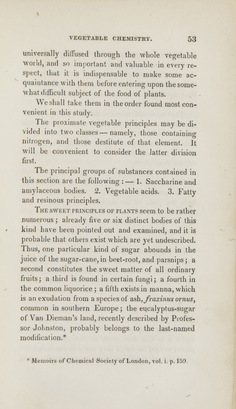 universally diffused through the whole vegetable world, and so important and valuable in every re- spect, that it is indispensable to make some ac- quaintance with them before entering upon the some- what difficult subject of the food of plants. Wc shall take them in the order found most con- venient in this study. The proximate vegetable principles may be di- vided into two classes—namely, those containing nitrogen, and those destitute of that element. It will be convenient to consider the latter division first. The principal groups of substances contained in this section are the following :— 1. Saccharine and amylaceous bodies. 2. Vegetable acids. 3. Fatty and resinous principles. The sweet principles of plants seem to be rather numerous ; already five or six distinct bodies of this kind have been pointed out and examined, and it is probable that others exist which are yet undescribed. Thus, one particular kind of sugar abounds in the juice of the sugar-cane, in beet-root, and parsnips; a second constitutes the sweet matter of all ordinary fruits; a third is found in certain fungi; a fourth in the common liquorice ; a fifth exists in manna, which is an exudation from a species of ash, fraxinus ornus, common in southern Europe; the eucalyptus-sugar of Van Dieman's land, recently described by Profes- sor Johnston, probably belongs to the last-named modification.* * Memoirs of Chemical Society of London, vol. i. p. 159.