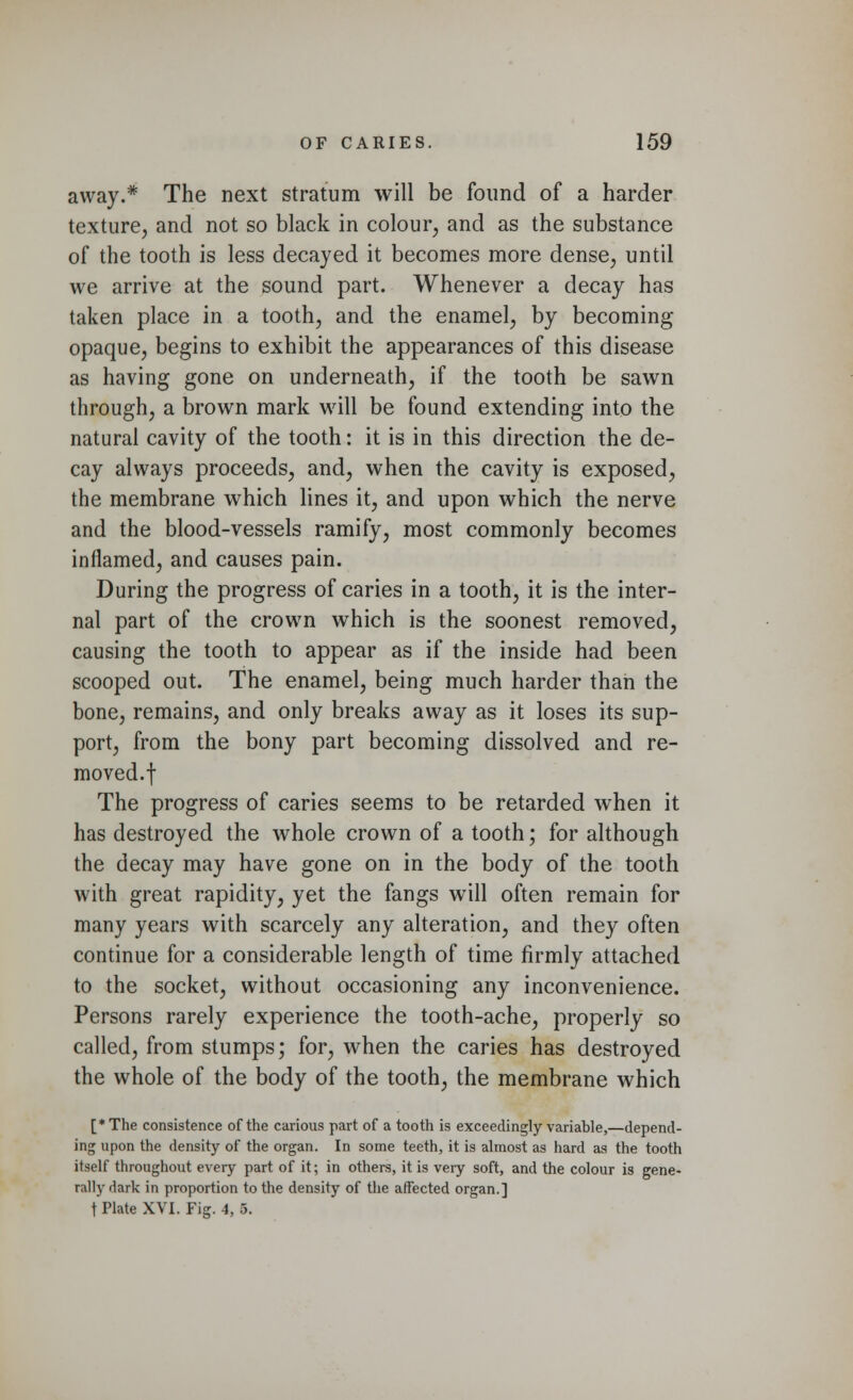 away.* The next stratum will be found of a harder texture, and not so black in colour, and as the substance of the tooth is less decayed it becomes more dense, until we arrive at the sound part. Whenever a decay has taken place in a tooth, and the enamel, by becoming opaque, begins to exhibit the appearances of this disease as having gone on underneath, if the tooth be sawn through, a brown mark will be found extending into the natural cavity of the tooth: it is in this direction the de- cay always proceeds, and, when the cavity is exposed, the membrane which lines it, and upon which the nerve and the blood-vessels ramify, most commonly becomes inflamed, and causes pain. During the progress of caries in a tooth, it is the inter- nal part of the crown which is the soonest removed, causing the tooth to appear as if the inside had been scooped out. The enamel, being much harder than the bone, remains, and only breaks away as it loses its sup- port, from the bony part becoming dissolved and re- moved.f The progress of caries seems to be retarded when it has destroyed the whole crown of a tooth; for although the decay may have gone on in the body of the tooth with great rapidity, yet the fangs will often remain for many years with scarcely any alteration, and they often continue for a considerable length of time firmly attached to the socket, without occasioning any inconvenience. Persons rarely experience the tooth-ache, properly so called, from stumps; for, when the caries has destroyed the whole of the body of the tooth, the membrane which [*The consistence of the carious part of a tooth is exceedingly variahle,—depend- ing upon the density of the organ. In some teeth, it is almost as hard as the tooth itself throughout every part of it; in others, it is very soft, and the colour is gene- rally dark in proportion to the density of the affected organ.] t Plate XVI. Fig. 4, 5.